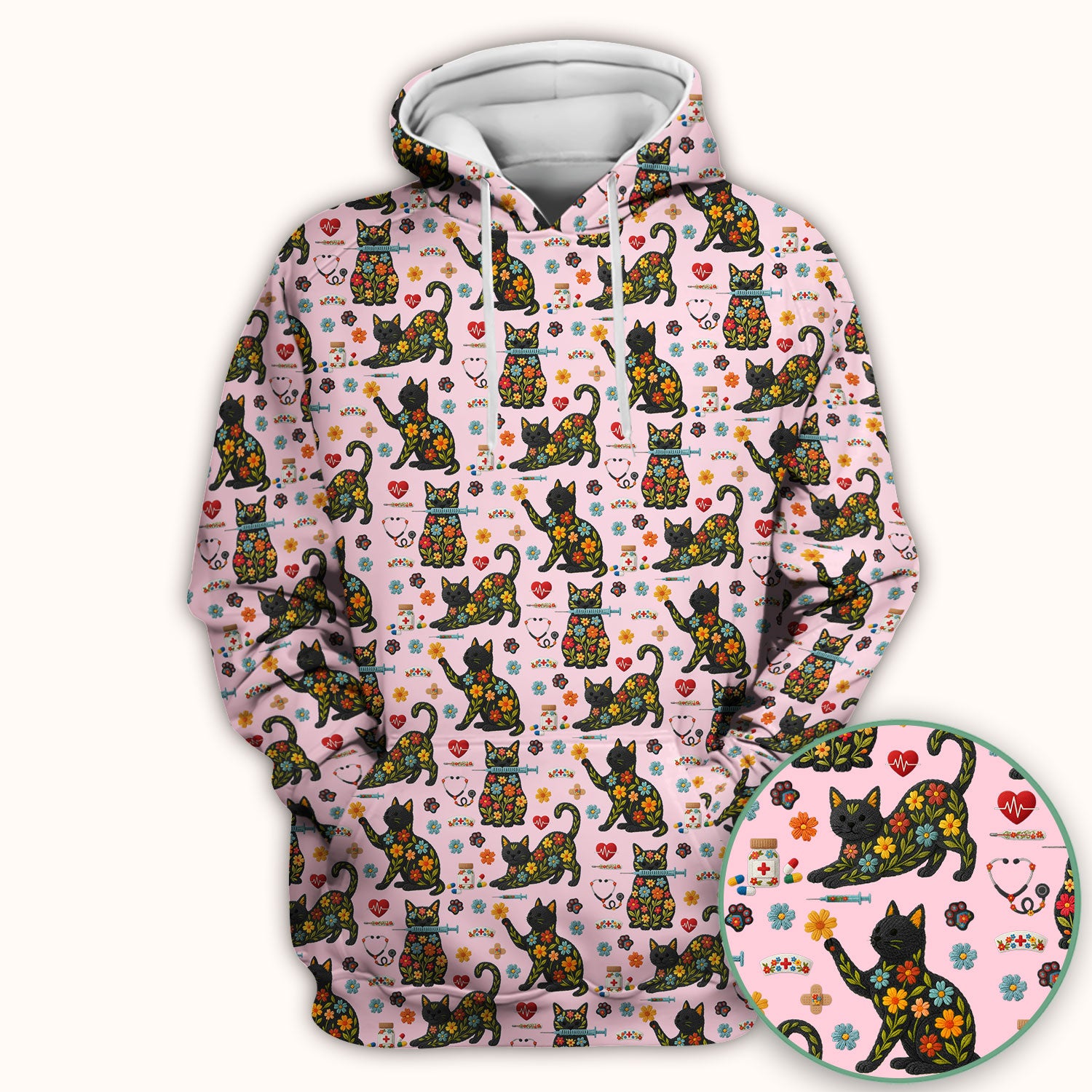 Floral Black Cat Pattern Scrub Top, Cute Cat Nurse Scrub Shirt, Medical Nursing Uniform