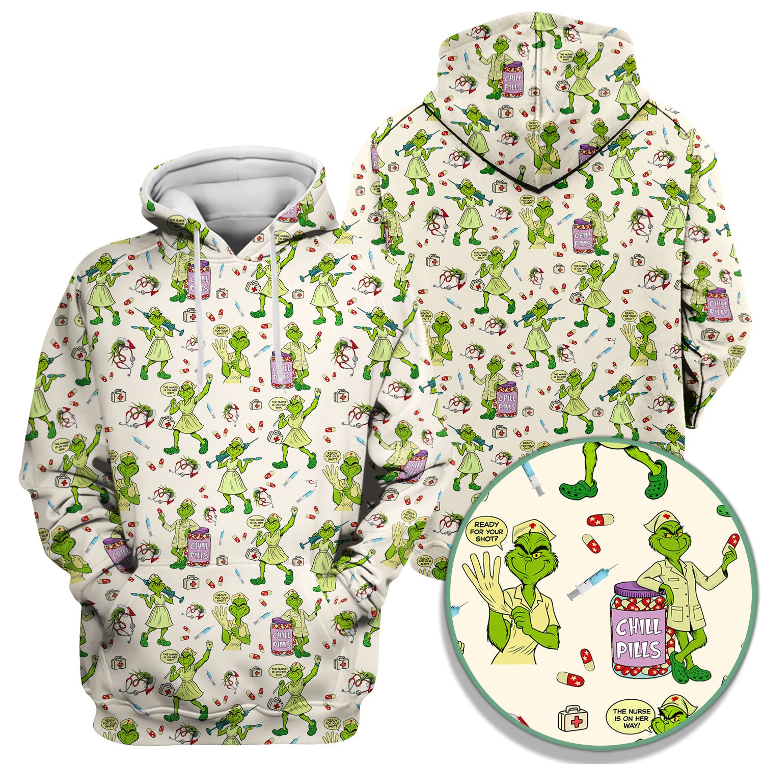 Funny Grinch Nurse Scrub Top Multi Color - Chill Pills Nursing Scrub Shirt - Cute Christmas Holiday Workwear with Pockets