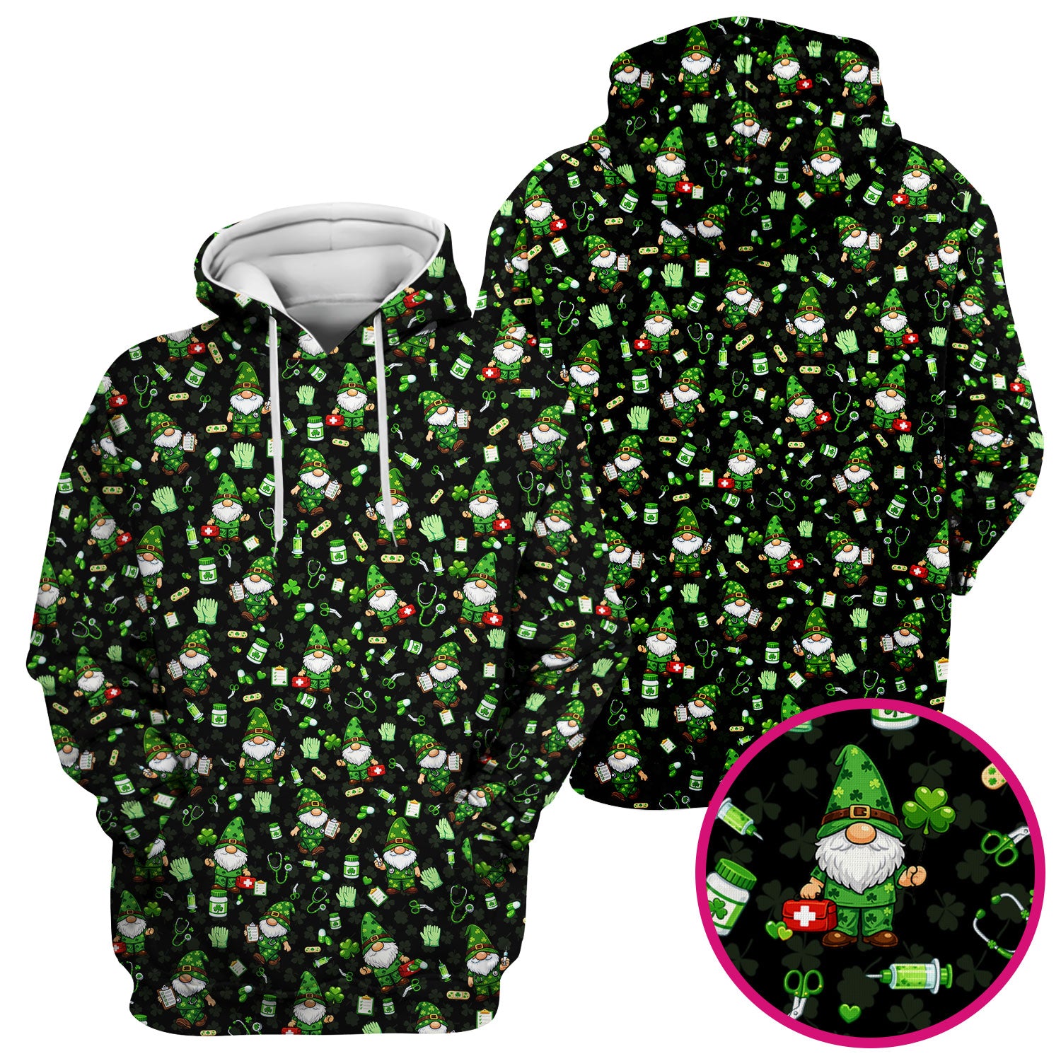 St. Patrick’s Day Nurse Gnome Scrub Top, Green Lucky Medical Pattern Nurse Shirt, Breathable Fabrics Nursing Uniform