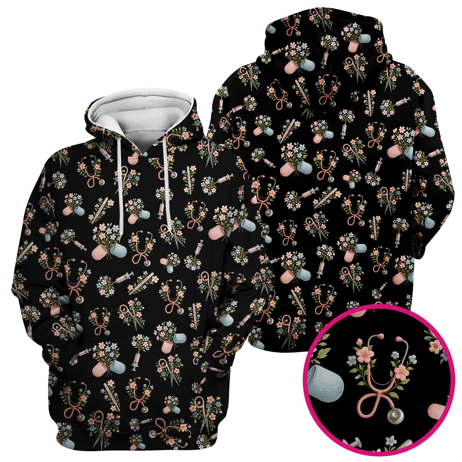 Floral Medical Scrub Top, Elegant Stethoscope With Flower Nursing Shirt, Breathable Fabrics Nurse Uniform