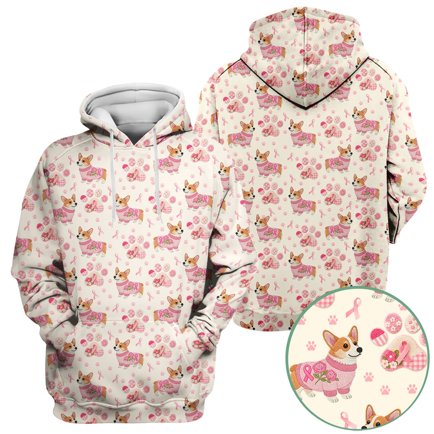Floral Corgi Scrub Top for Women - Cute Dog Paw Print with Pink Ribbon Shirt - Breast Cancer Awareness October Gift