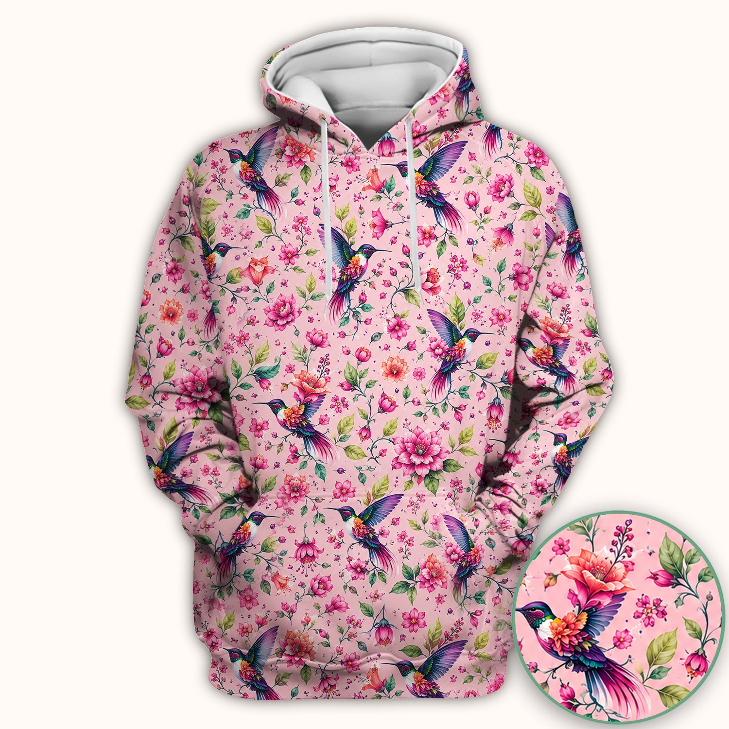 Pink Hummingbird Floral Garden Pattern Scrub Top, Comfortable Scrubs for Nurses