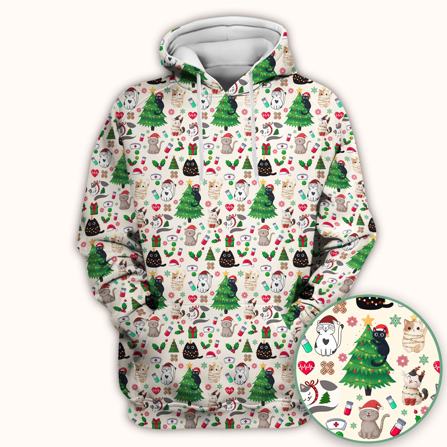 Christmas Cat Scrub Top, Xmas Pet Pattern Scrub Shirt, Breathable Fabrics Nursing Uniform