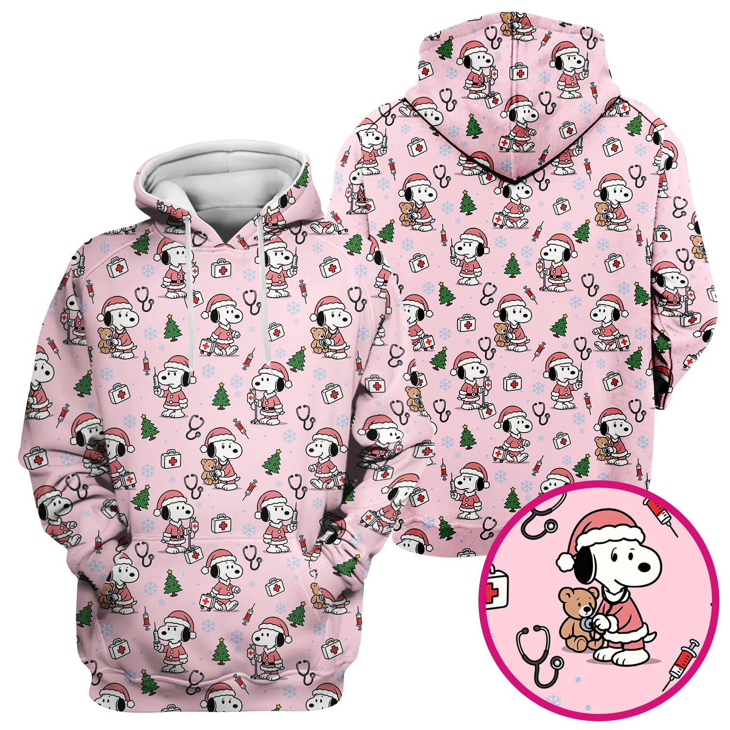 Snoopy Christmas Nurse Scrubs Top - Cute Pink Holiday Nursing Shirt - Funny Xmas Scrub Top for Women Nurses & Medical Workers