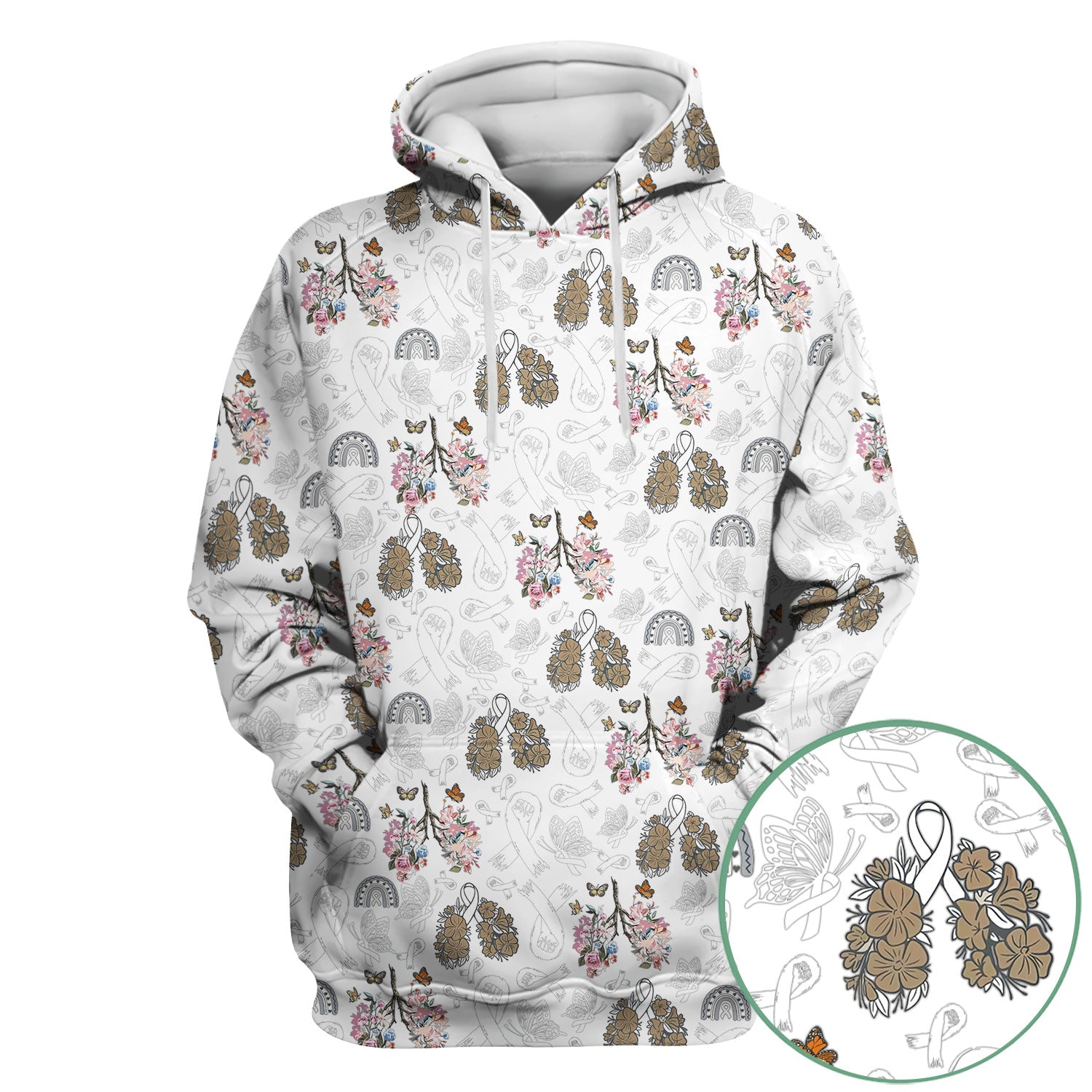 Lung Cancer Awareness Nurse Scrub Top - White Ribbon Butterfly Floral Medical Uniform - Comfortable V-Neck Nursing Shirt Gift