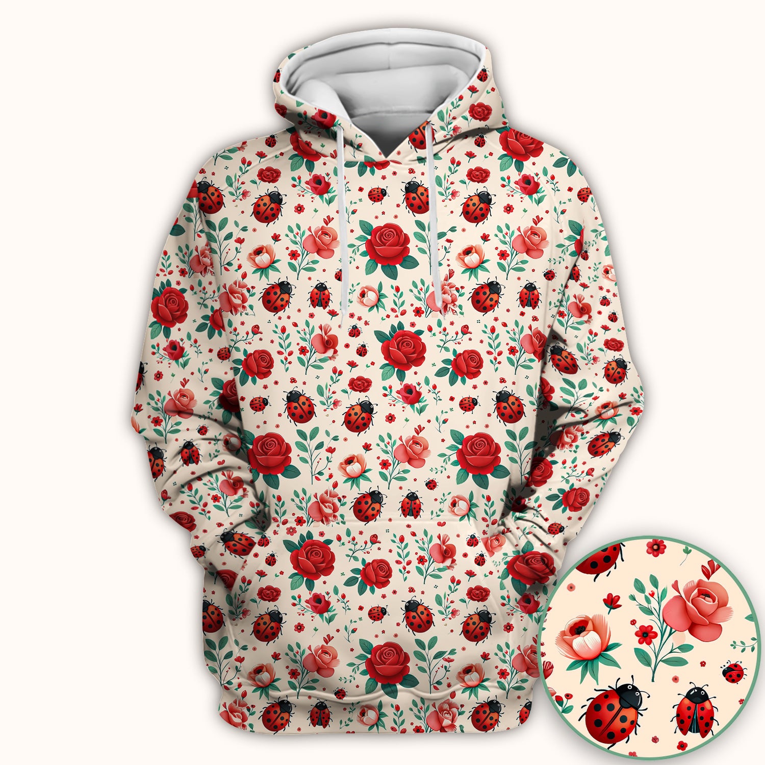 Cute Ladybug Red Rose Floral Pattern Scrub Top, Breathable Fabrics Nursing Uniform