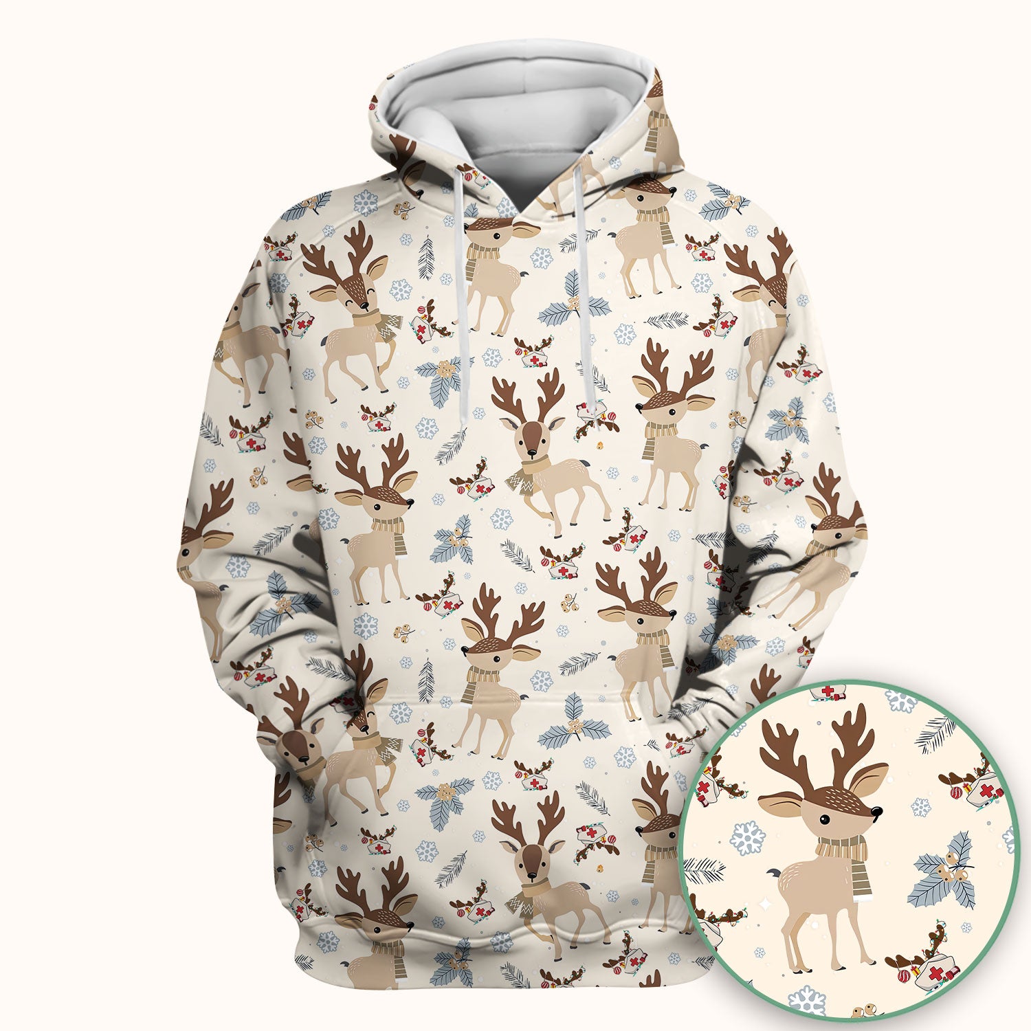Reindeer Christmas Scrub Top - Cozy Beige Holiday Nurse Shirt with Cute Deer Pattern - Festive Medical Scrubs for Women RN CNA LPN