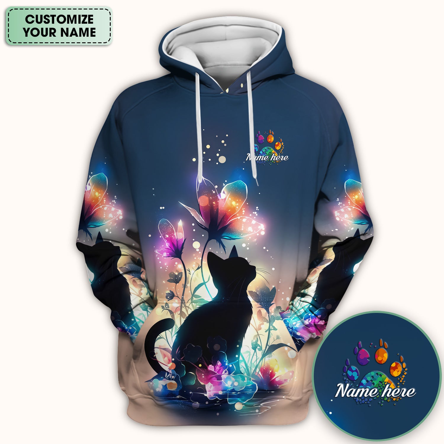 Custom Name Cat Floral Glow Pattern Scrub Top, Breathable Fabrics Nursing Uniform
