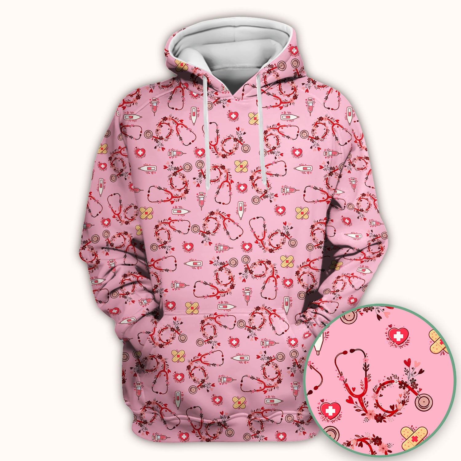 Heart Stethoscope Medical Pattern Scrub Top, Breathable Fabrics Nursing Uniform