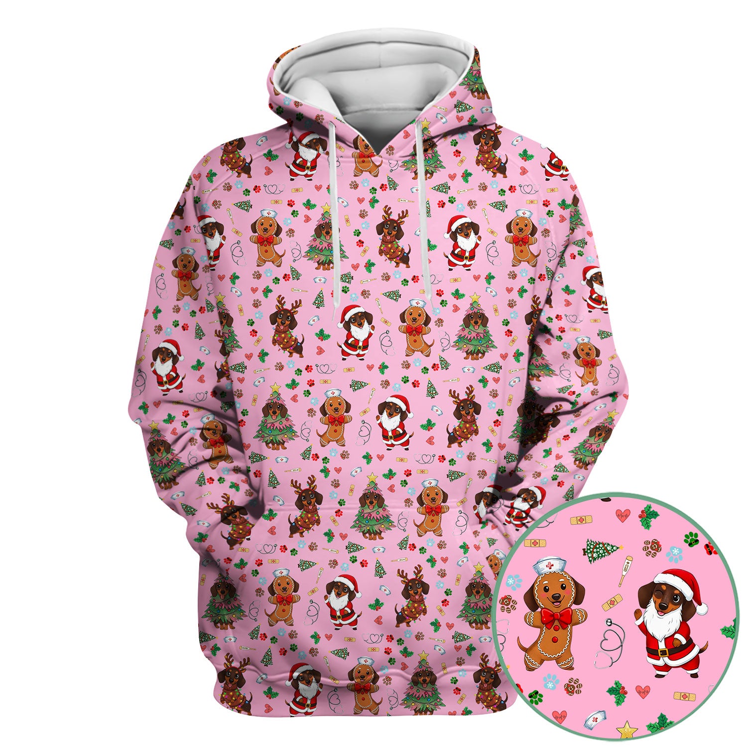 Wiener Dog Christmas Scrub Top – Funny Dachshund Pattern Medical Shirt – Festive Holiday Uniform for RN, LPN, CNA, and Vet Techs
