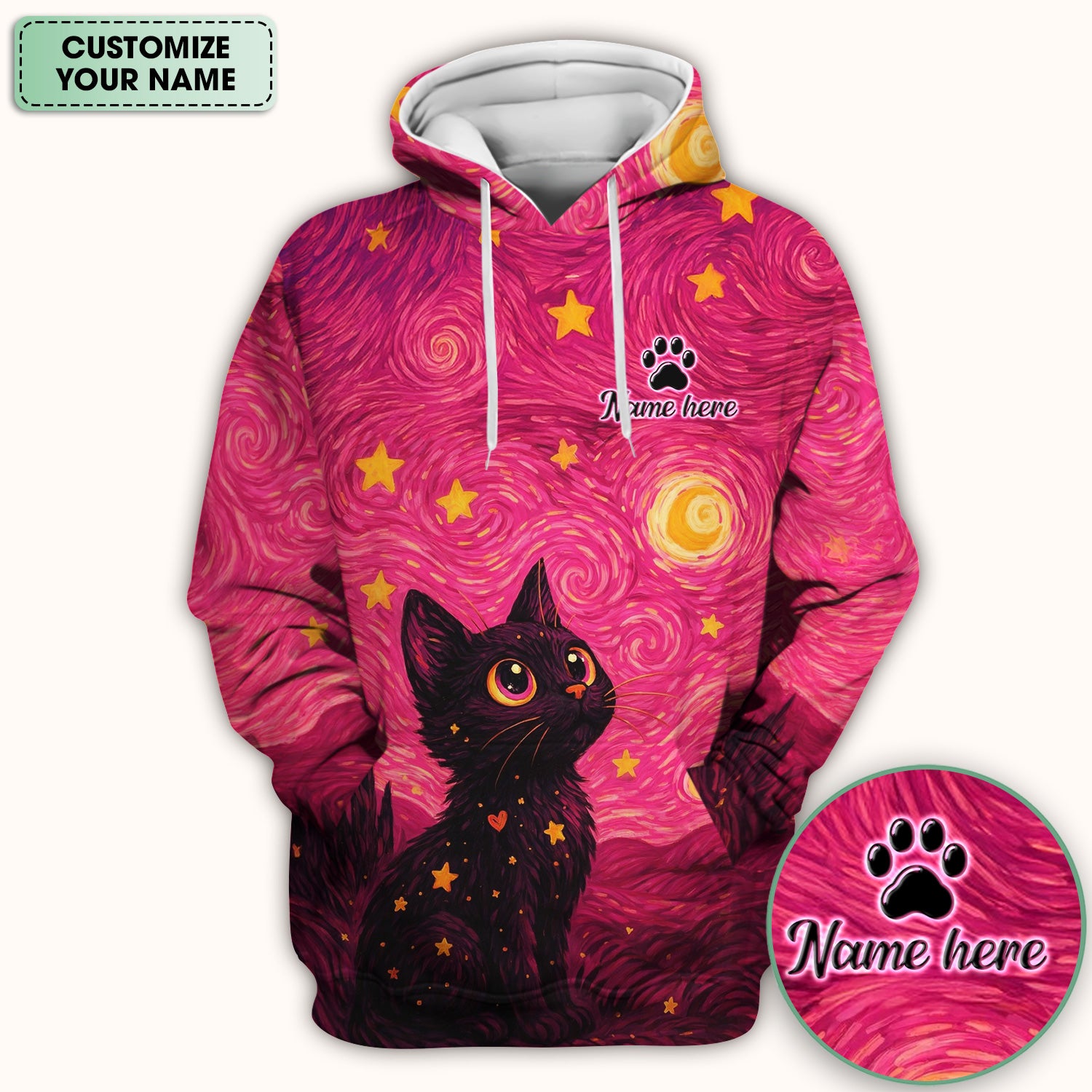 Personalized Black Cat Galaxy Star Swirl Pattern Scrub Top, Comfortable Scrubs for Nurses