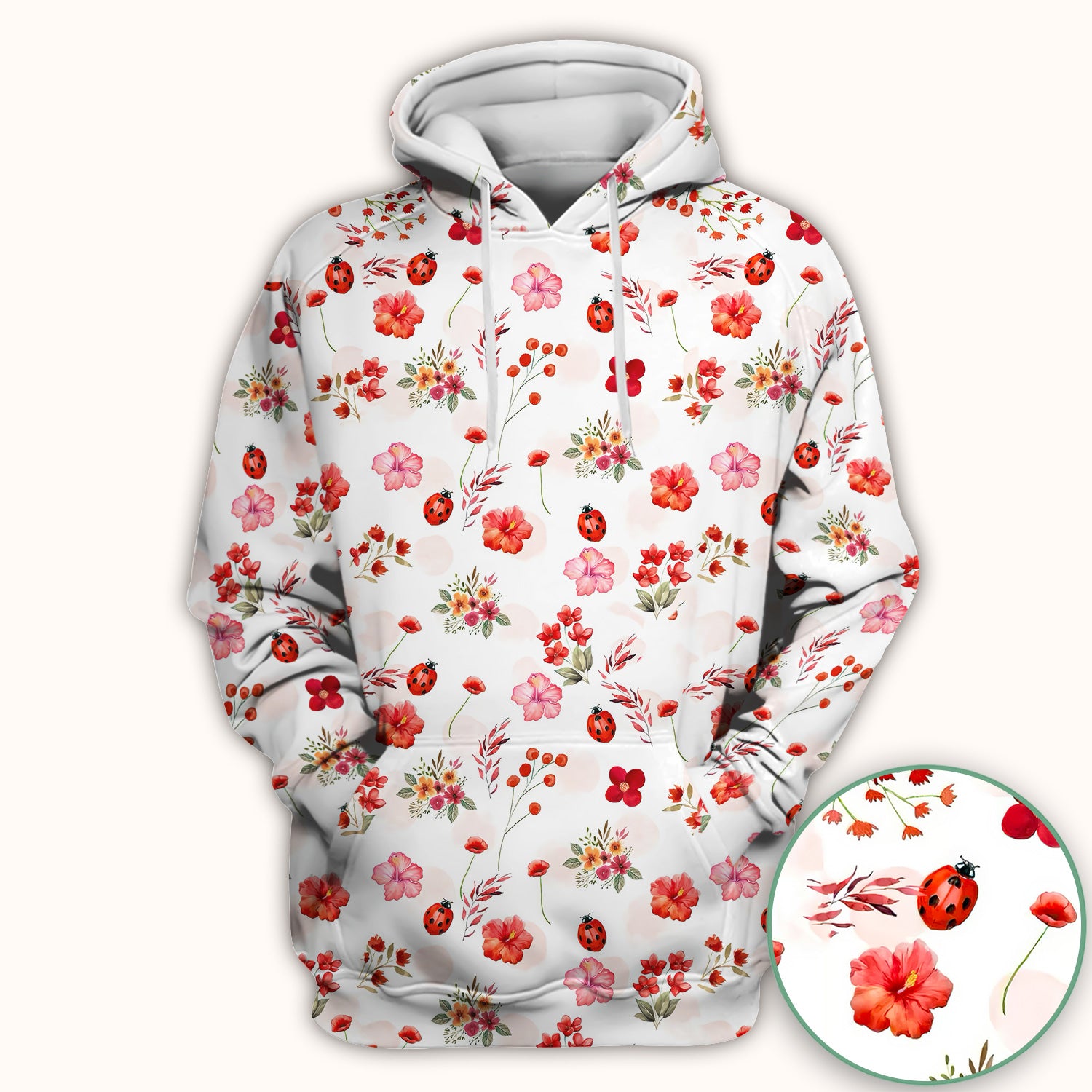 Red Ladybug Floral Garden Pattern Scrub Top, Comfortable Scrubs for Nurses