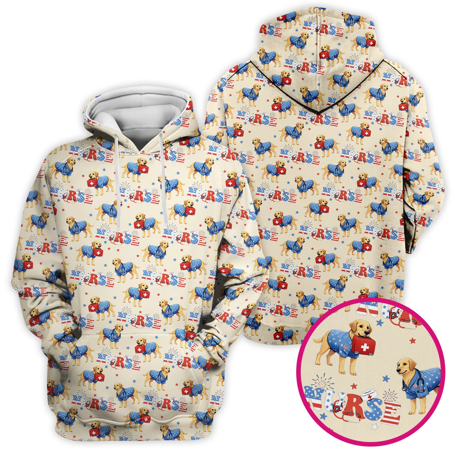 Patriotic Nurse Dog Medical Pattern Scrub Top, Breathable Fabrics Nursing Uniform