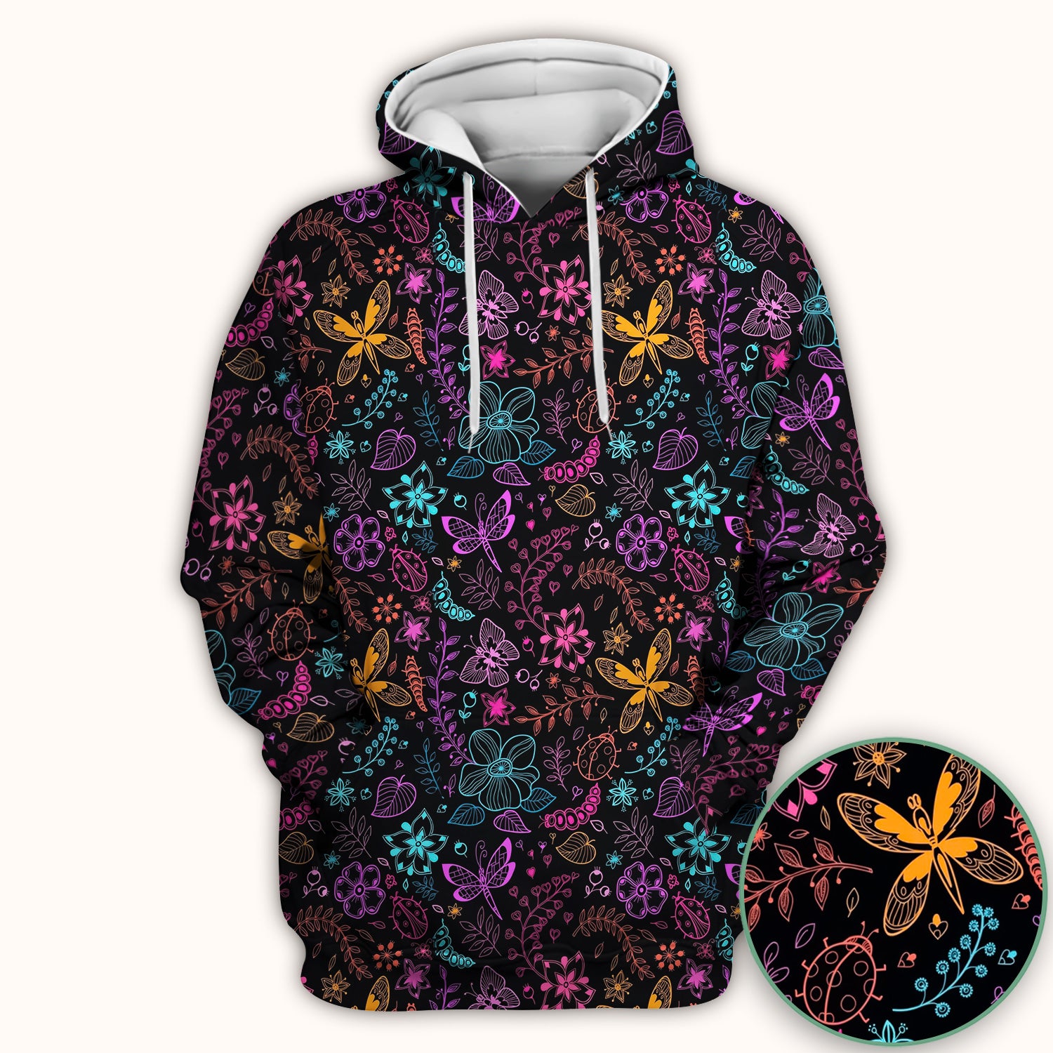 Neon Butterfly and Floral Garden Pattern Scrub Top, Comfortable Scrubs for Nurses