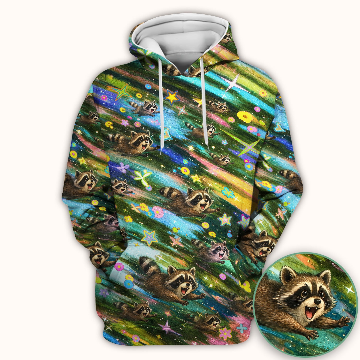 Cute Raccoon Rainbow Dash Pattern Scrub Top, Comfortable Scrubs for Nurses