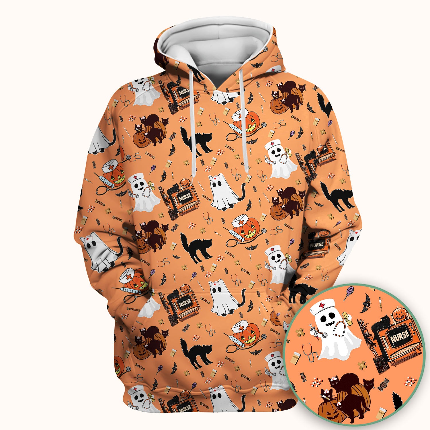Halloween Scrub Top for Nurse - Cute Pumpkin Ghost Cat Medical Shirt - Spooky Scrubs for Women RN CNA LPN