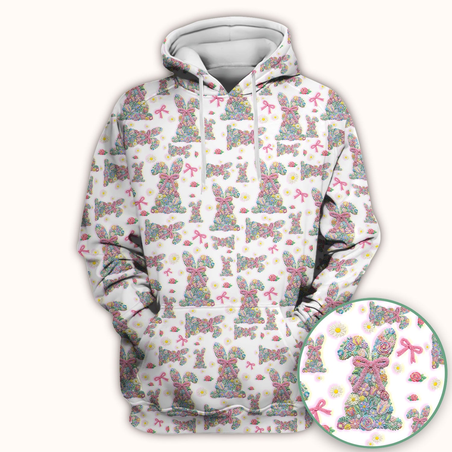 Colorful Floral Bunny with Pink Bow Pattern Scrub Top, Breathable Fabrics Nursing Uniform, Easter