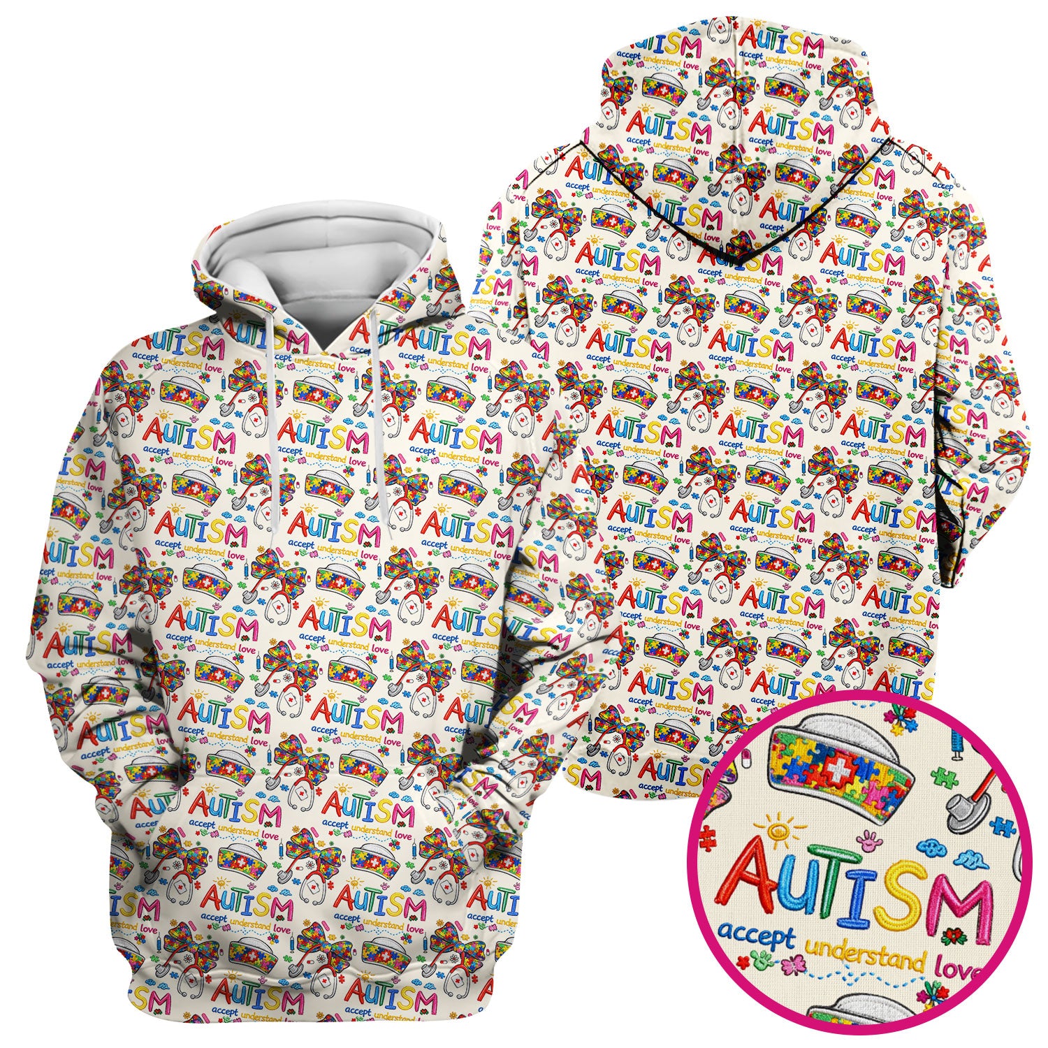 Autism Awareness Pattern Nurse Scrub Top, Accept Understand Love Puzzle Nurses Shirt, Breathable Fabrics Nursing Uniform