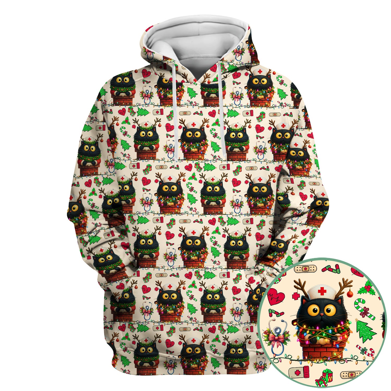 Funny Black Cat Scrub Top for Nurse - Cute Reindeer Cat with Christmas Lights Shirt - Festive Holiday Medical Gift for RN CNA LPN