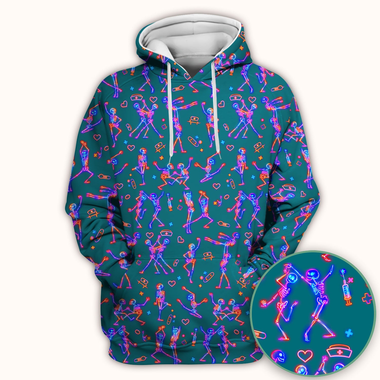 Neon Dancing Skeleton Medical Pattern Scrub Top, Comfortable Scrubs for Nurses