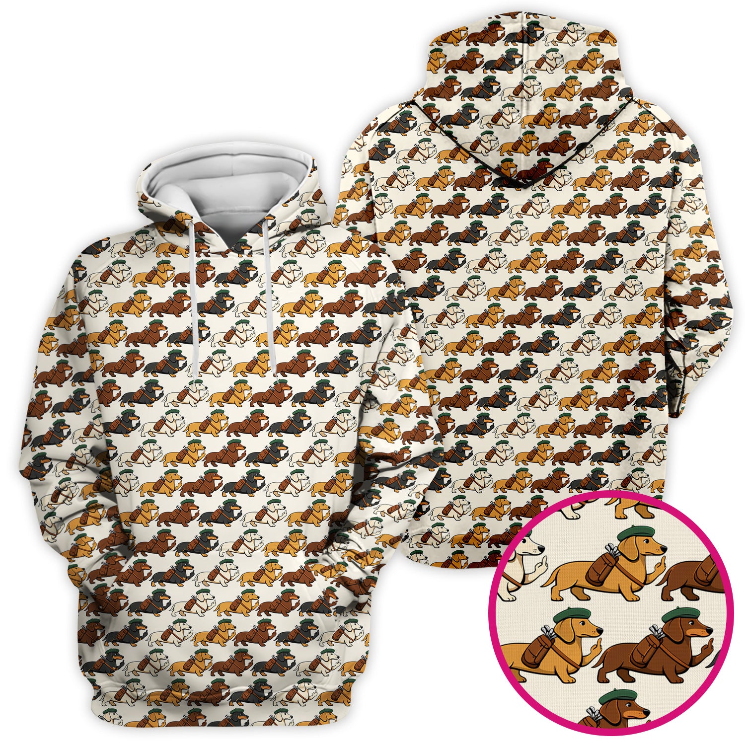 Cartoon Dachshund Dog Wearing Hat And Backpack Pattern Scrub Top, Breathable Fabrics Nursing Uniform