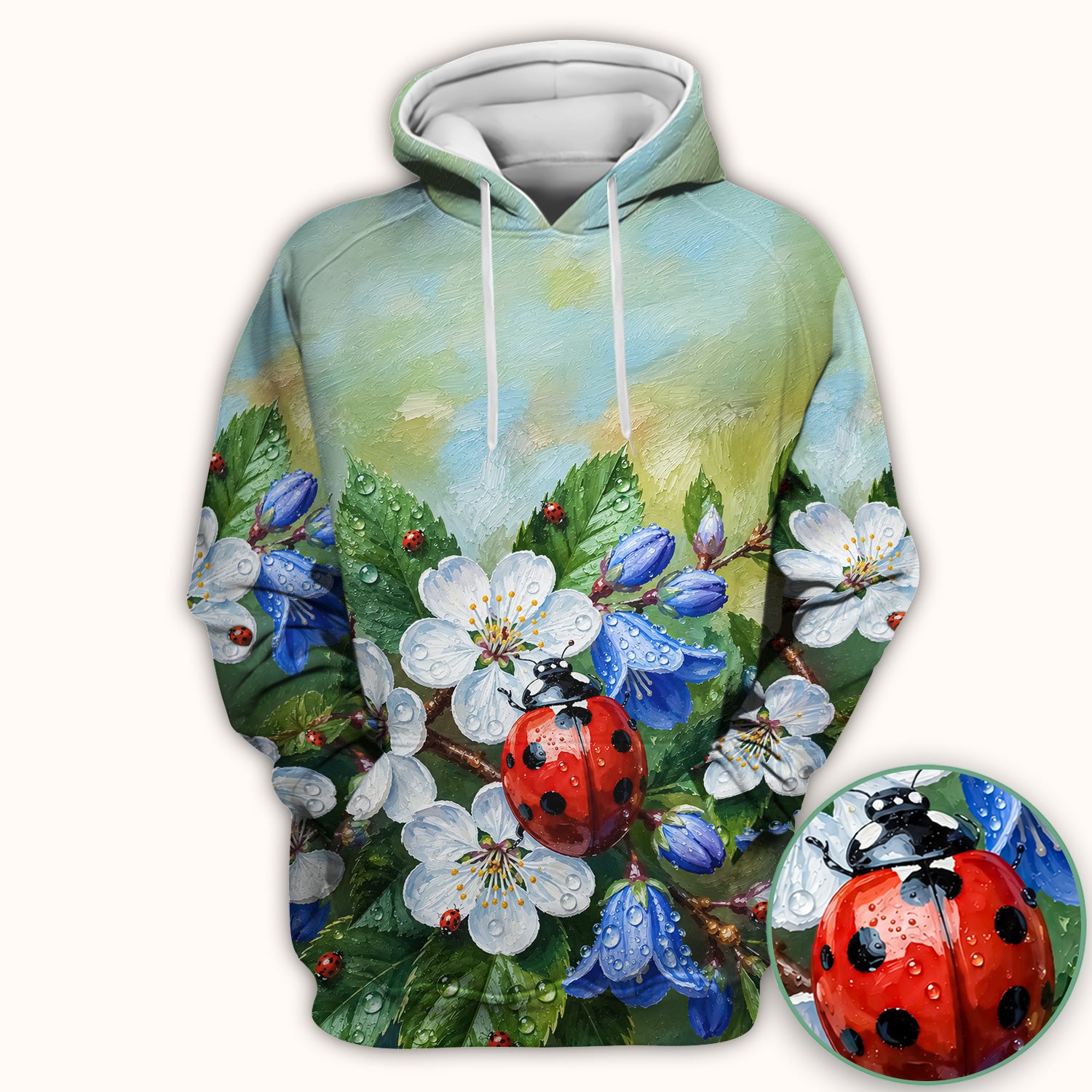 Cute Ladybug Blossom Garden Pattern Scrub Top, Comfortable Scrubs for Nurses