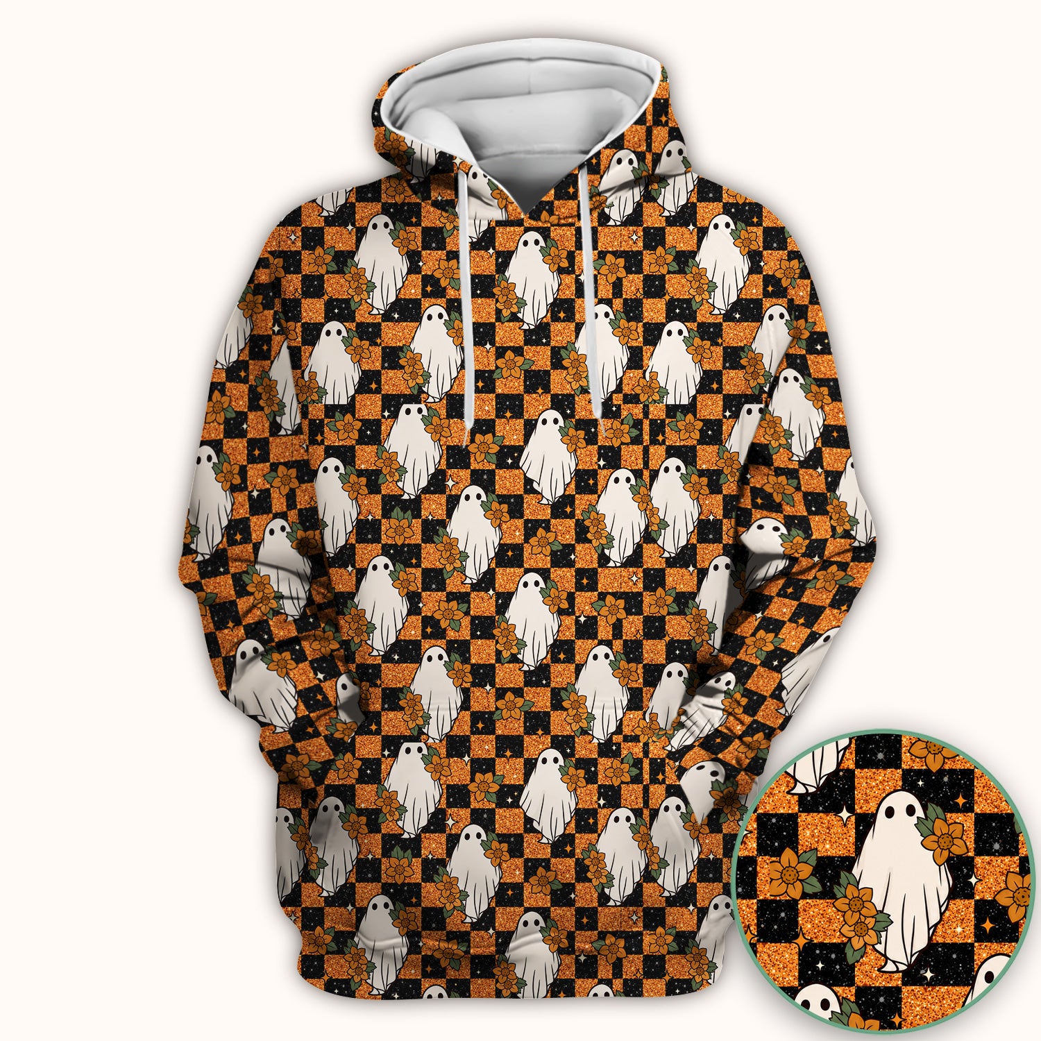 Spooky Halloween Ghost Checkerboard Scrub Top, Comfortable Scrubs for Nurses