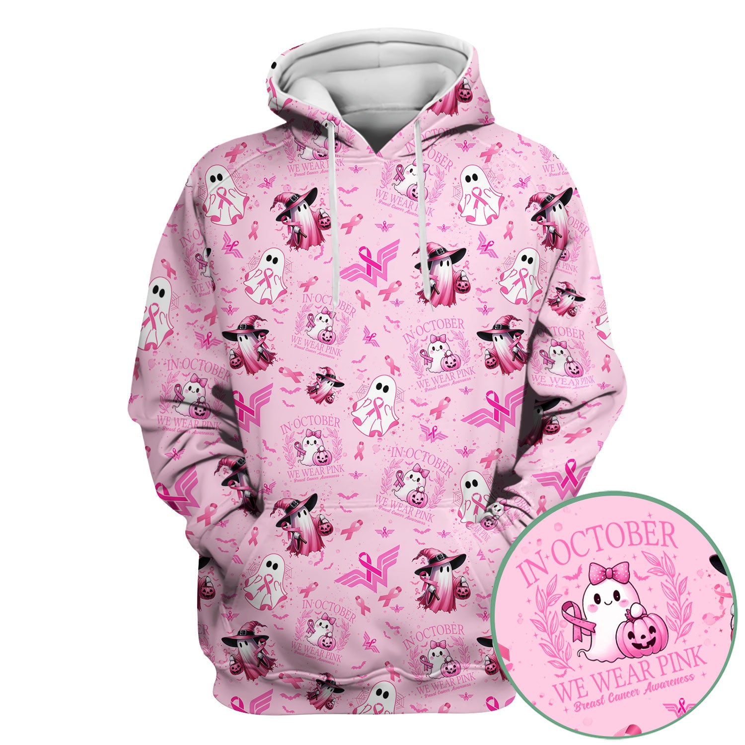 Halloween Breast Cancer Awareness Scrub Top - In October We Wear Pink Nurse Shirt - Cute Ghost Witch Pink Ribbon Medical Uniform