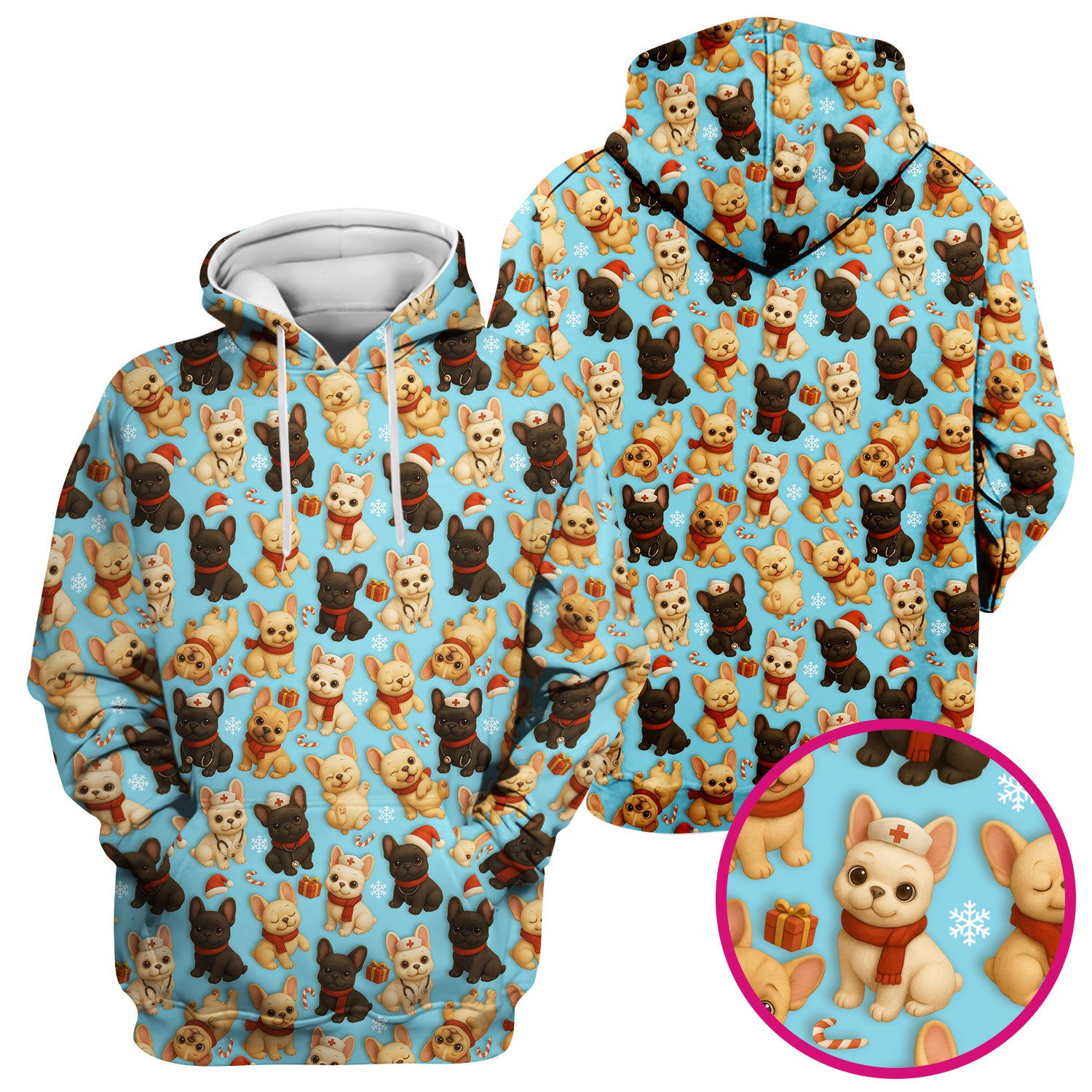 Christmas Dog Scrubs for Women - Cute French Bulldog Pattern Medical Scrub Top - Festive Holiday Nurse Scrubs with Adorable Puppy Design