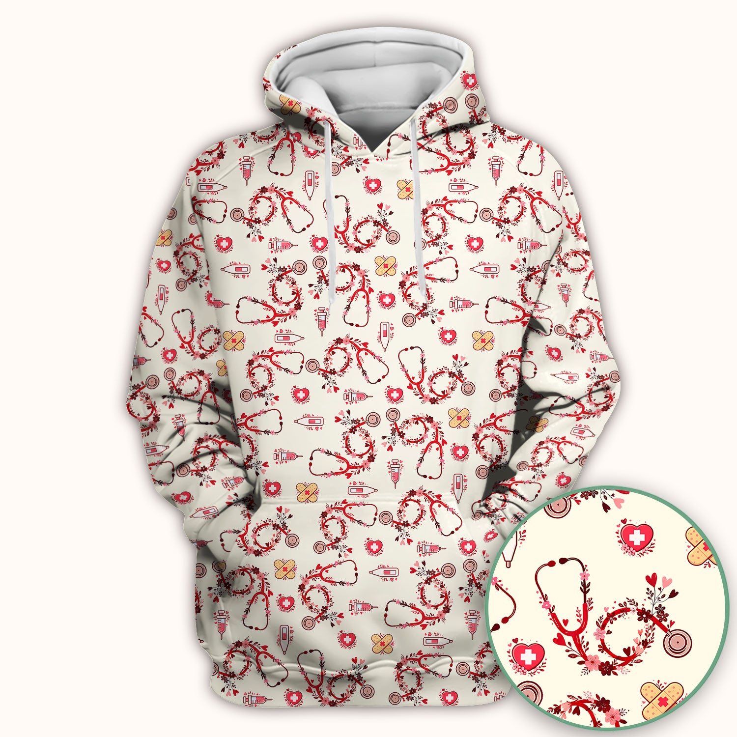 Heart Stethoscope Medical Pattern Scrub Top, Breathable Fabrics Nursing Uniform