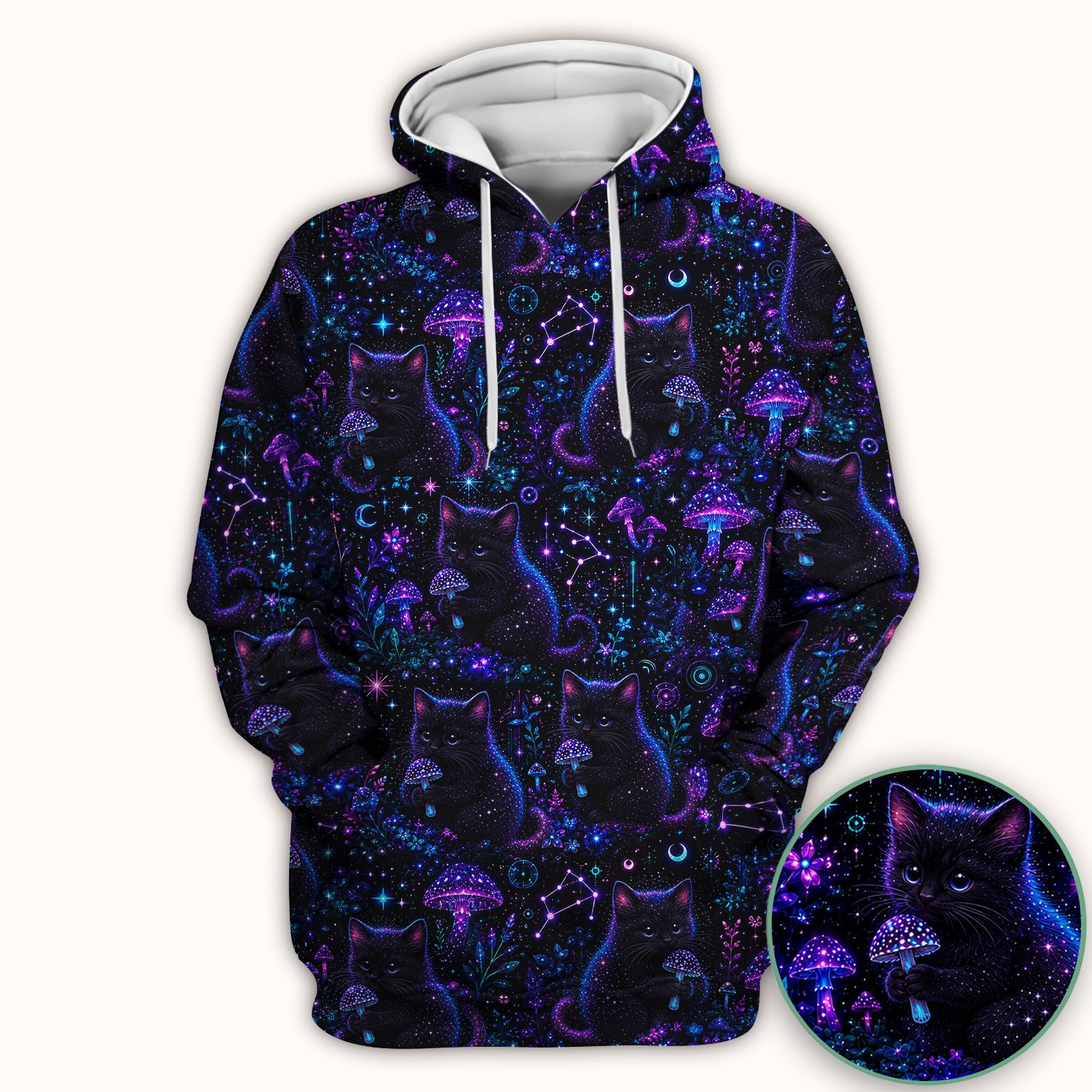 Neon Black Cat Mushroom Galaxy Pattern Scrub Top, Comfortable Scrubs for Nurses