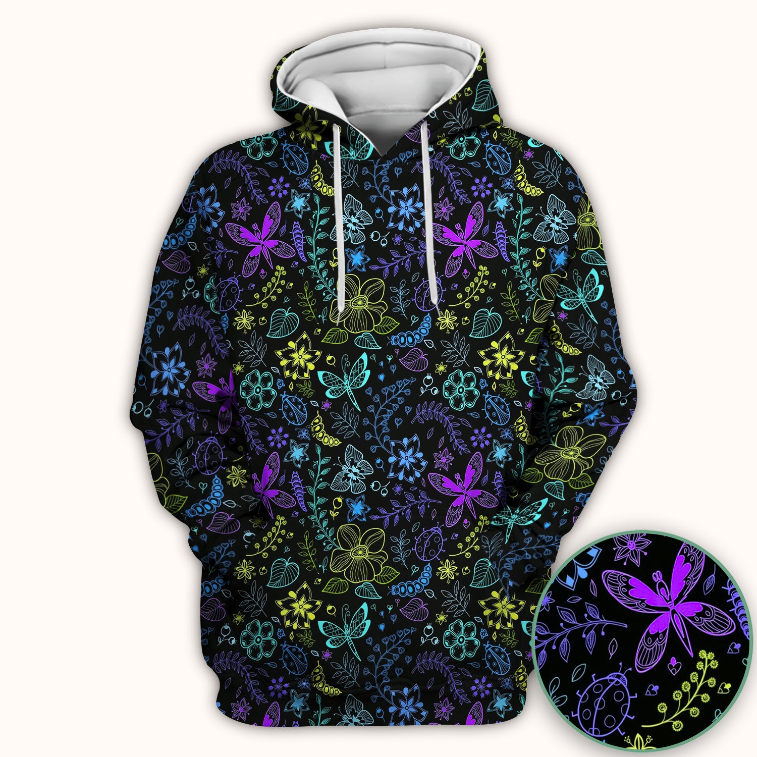 Neon Butterfly and Floral Garden Pattern Scrub Top, Comfortable Scrubs for Nurses