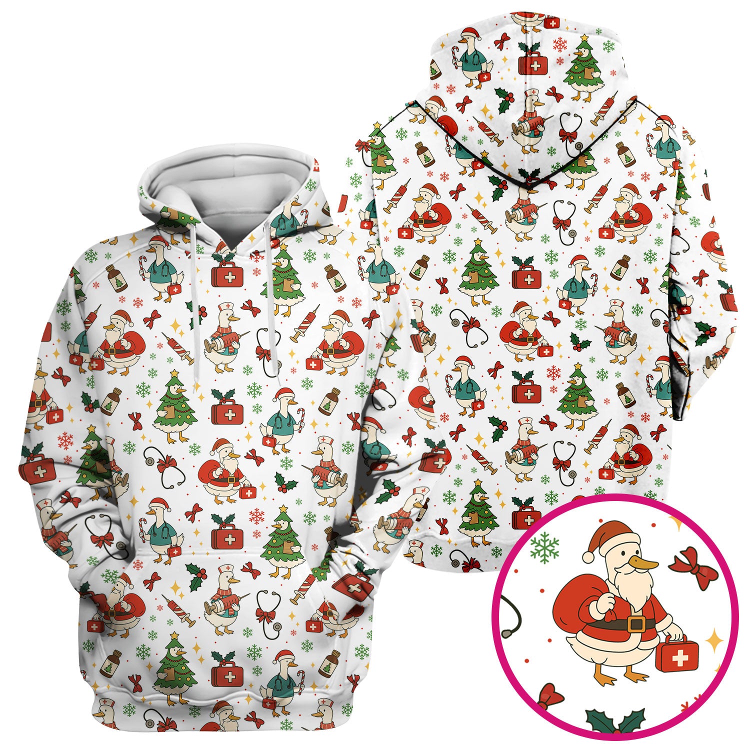 Christmas Duck Nurse Scrub Top for Women - Cute Santa Claus Pattern - Funny Holiday Nursing Shirt Gift for RN LPN CNA