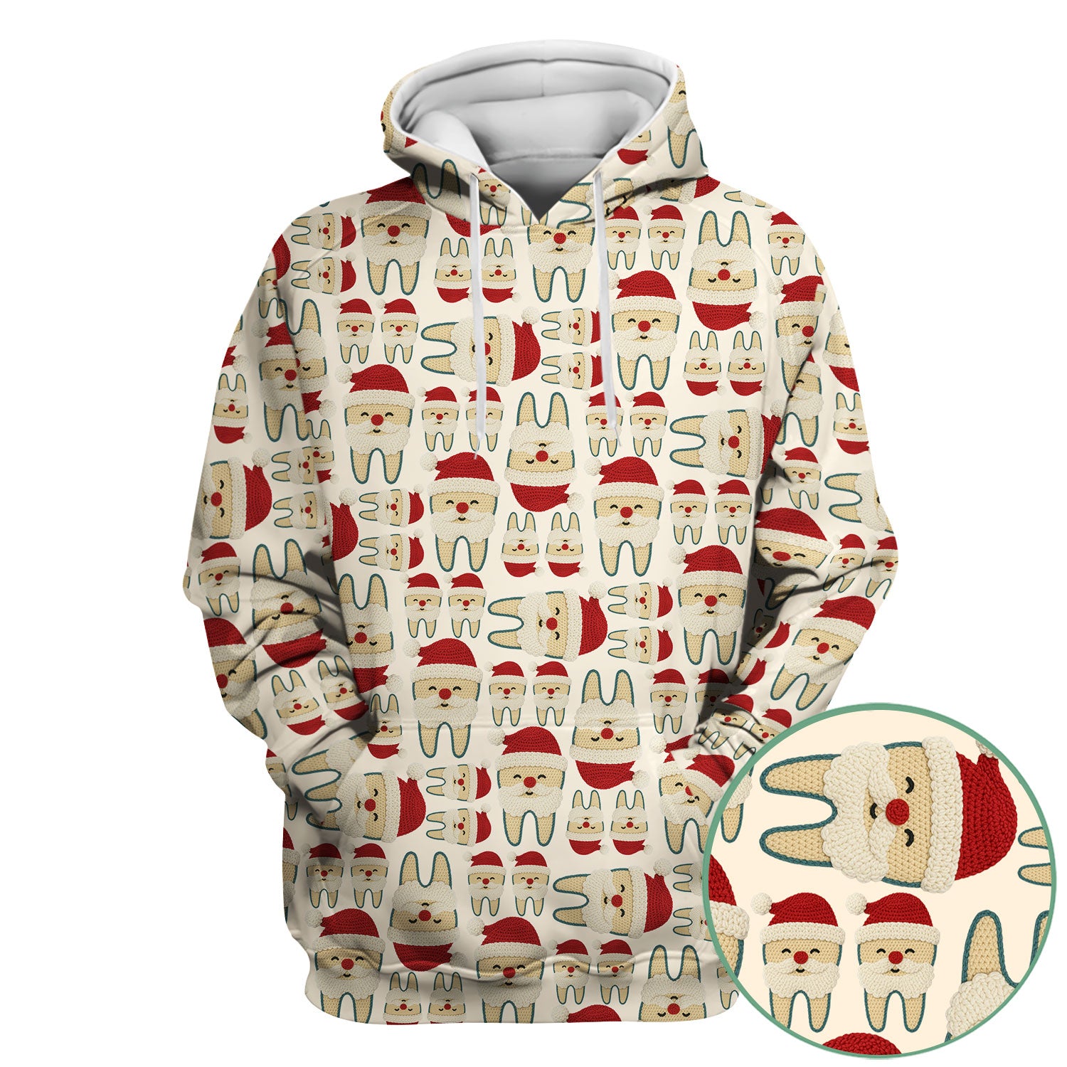 Christmas Tooth Scrub Top - Cute Santa Tooth Pattern for Dentists & Hygienists - Crochet Style Holiday Medical Uniform for Women
