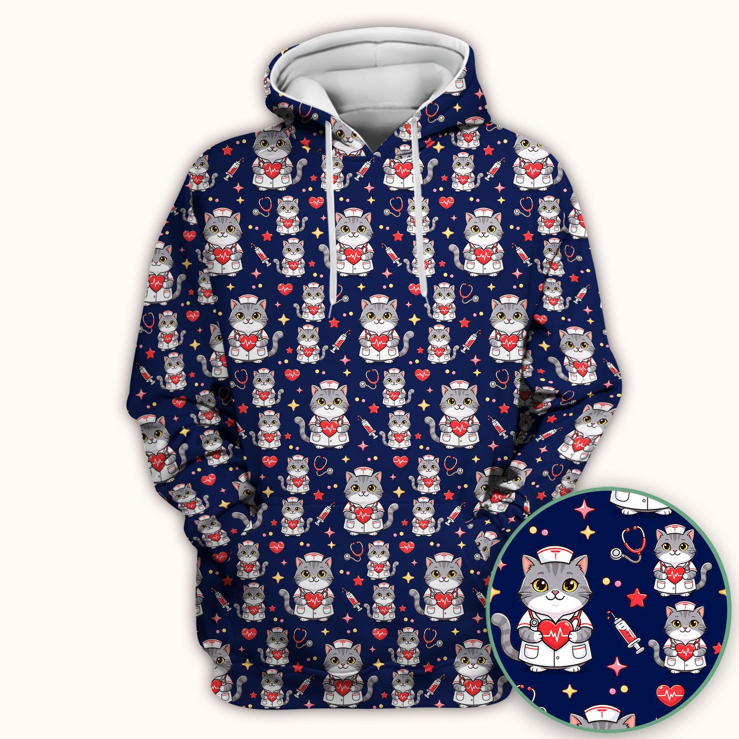 Cute Nurse Cat Heart Medical Print Scrub Top, Comfortable Scrubs for Nurses