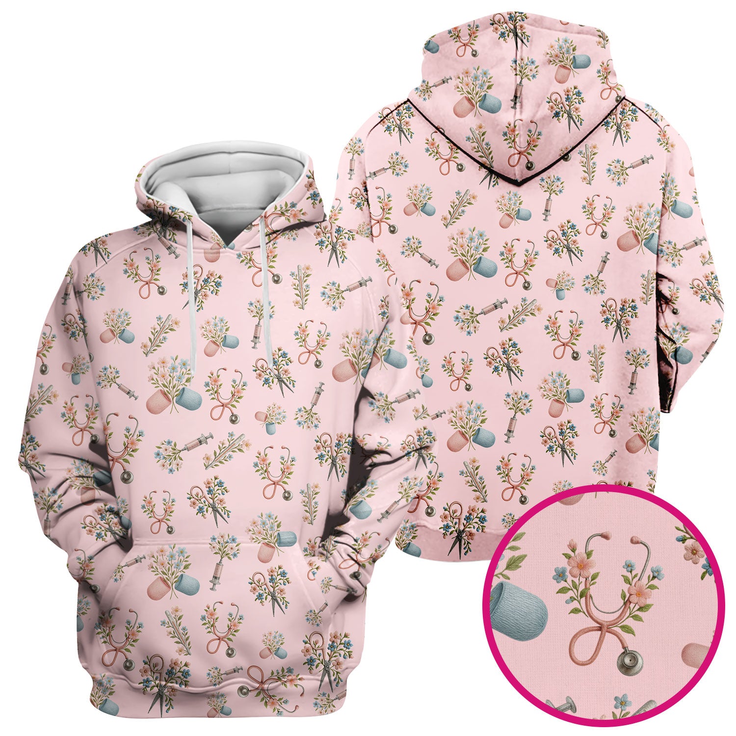 Floral Medical Scrub Top, Elegant Stethoscope With Flower Nursing Shirt, Breathable Fabrics Nurse Uniform