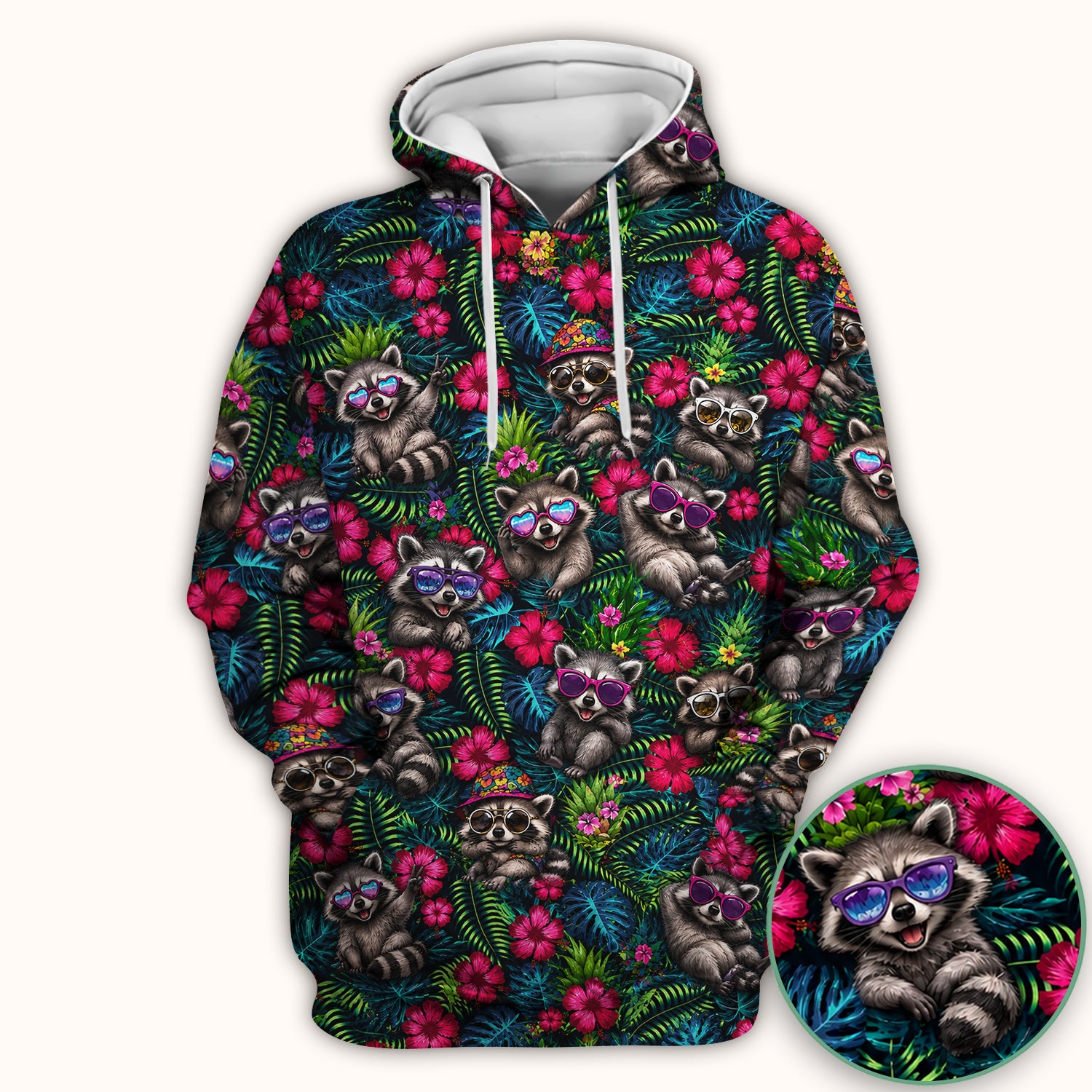 Tropical Raccoon Nurse Floral Pattern Scrub Top, Comfortable Scrubs for Nurses
