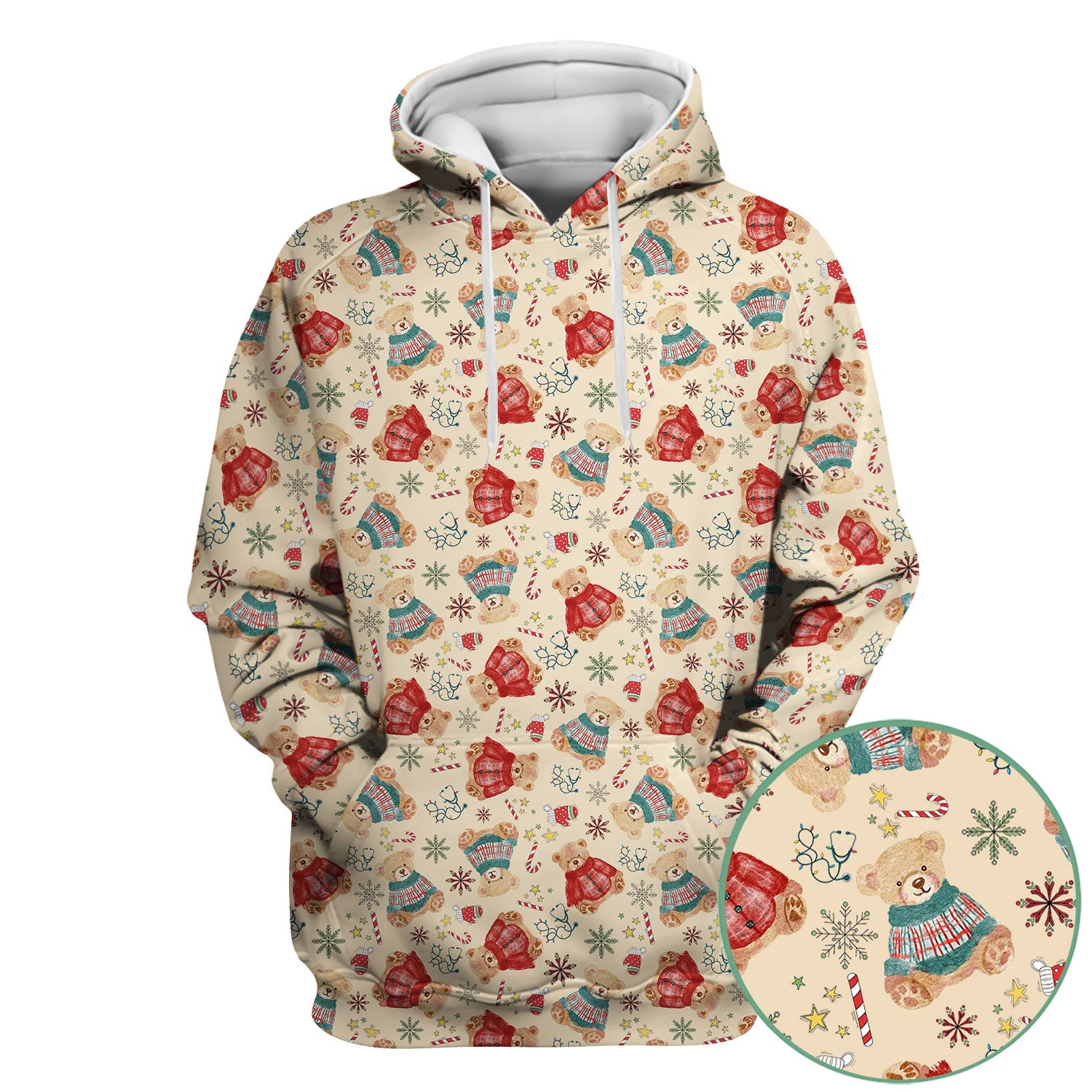 Christmas Bear Scrub Top - Cute Holiday Teddy Print Scrubs for Nurses - Funny Xmas Medical Scrub Shirt Gift for Women CNA RN