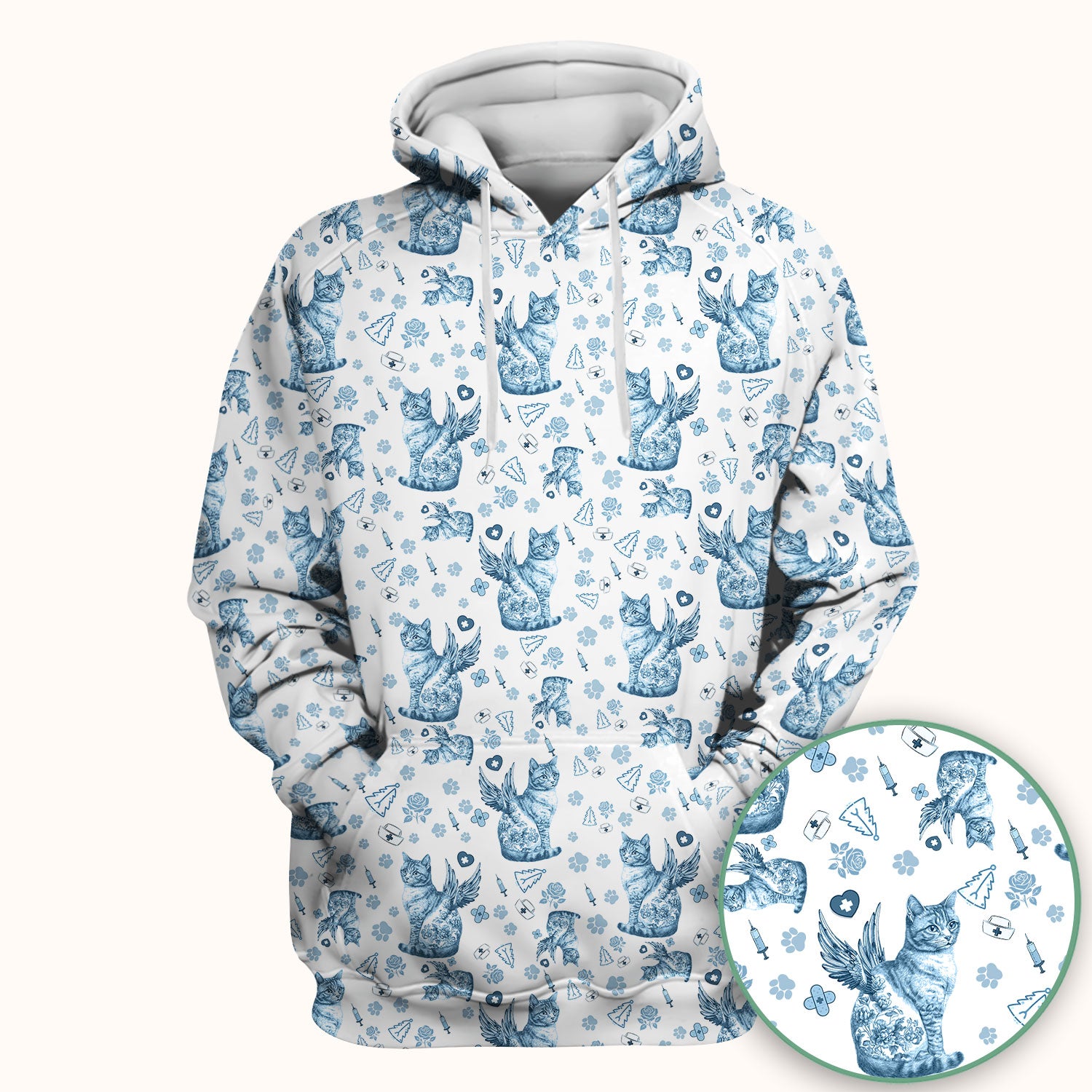 Toile de Jouy Cat Angel Scrub Top - Blue Vintage Nurse Shirt - French Style Medical Uniform for Women RN LPN CNA Gift