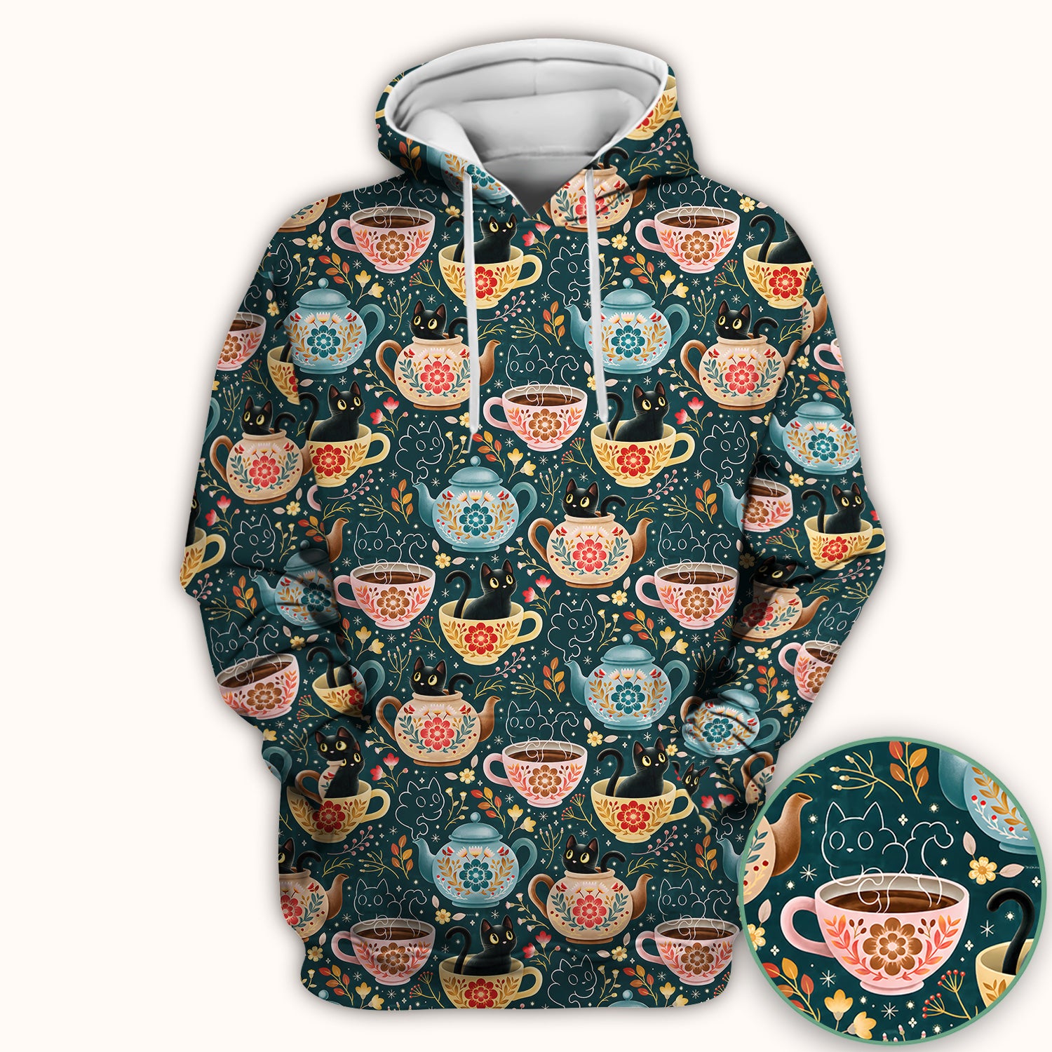 Black Cat Tea Party Veterinary Pattern Scrub Top, Comfortable Scrubs for Nurses
