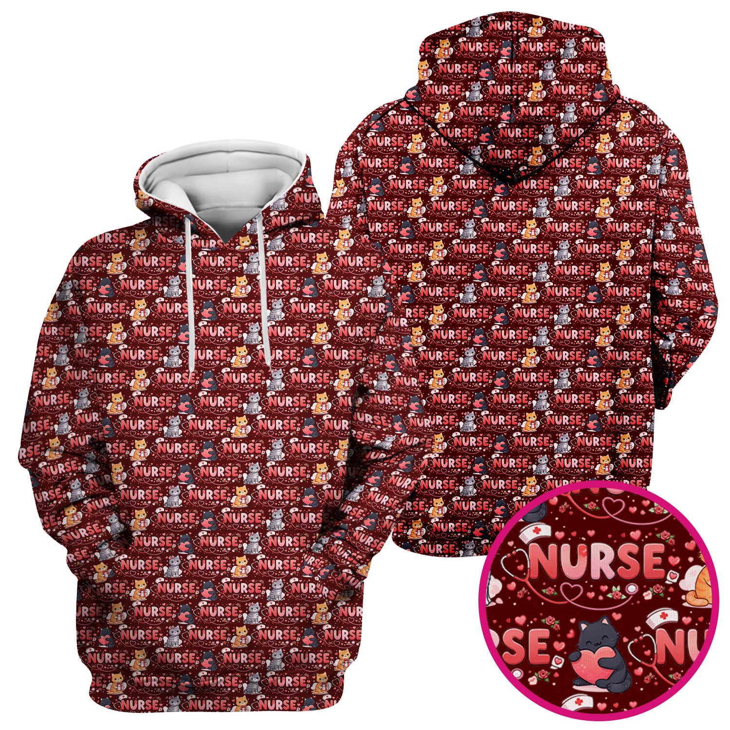 Nurse Cat Heart Pattern Valentine Scrub Top, Comfortable Scrubs for Nurses