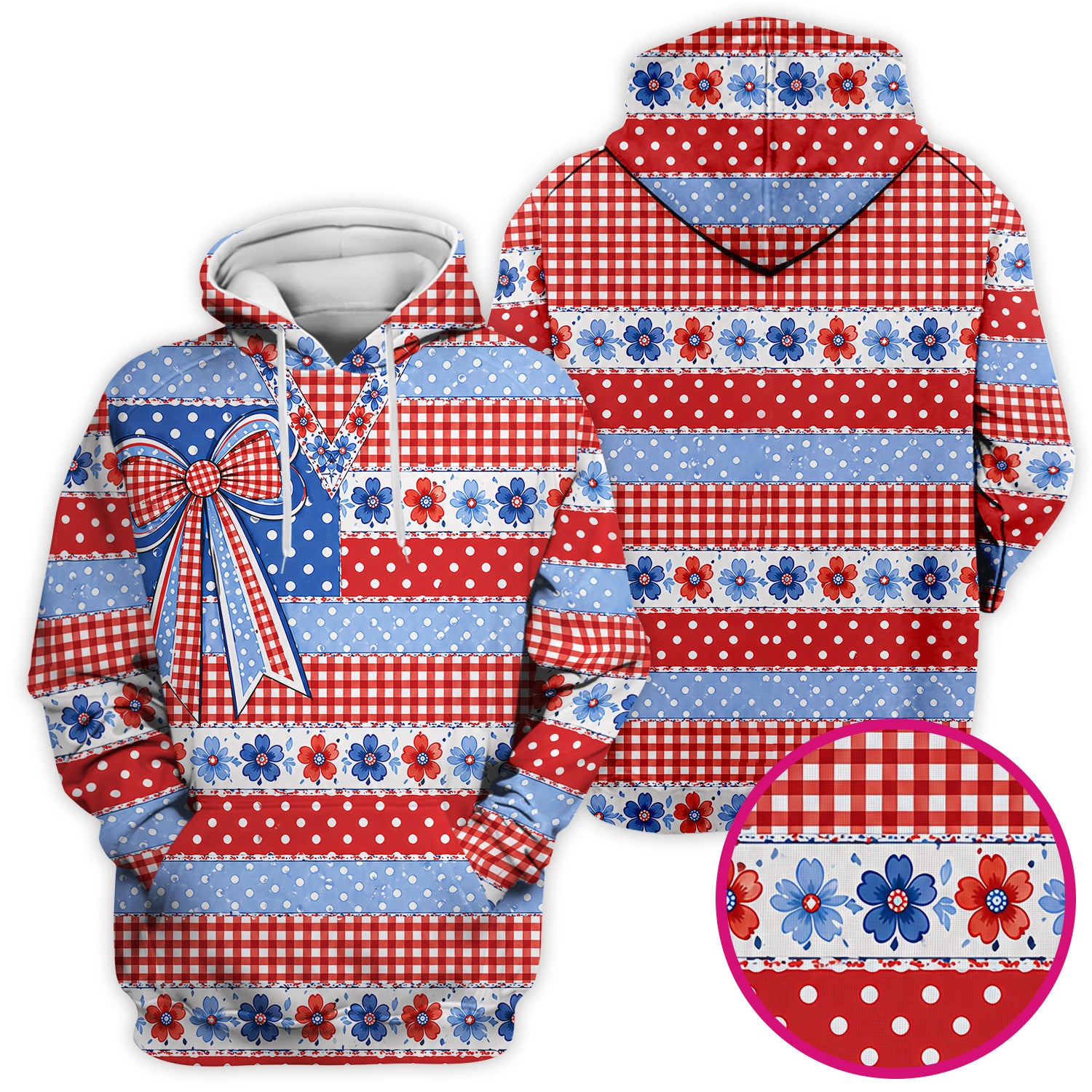 Patriotic Gingham Bow Floral Pattern Scrub Top, Comfortable Scrubs for Nurses