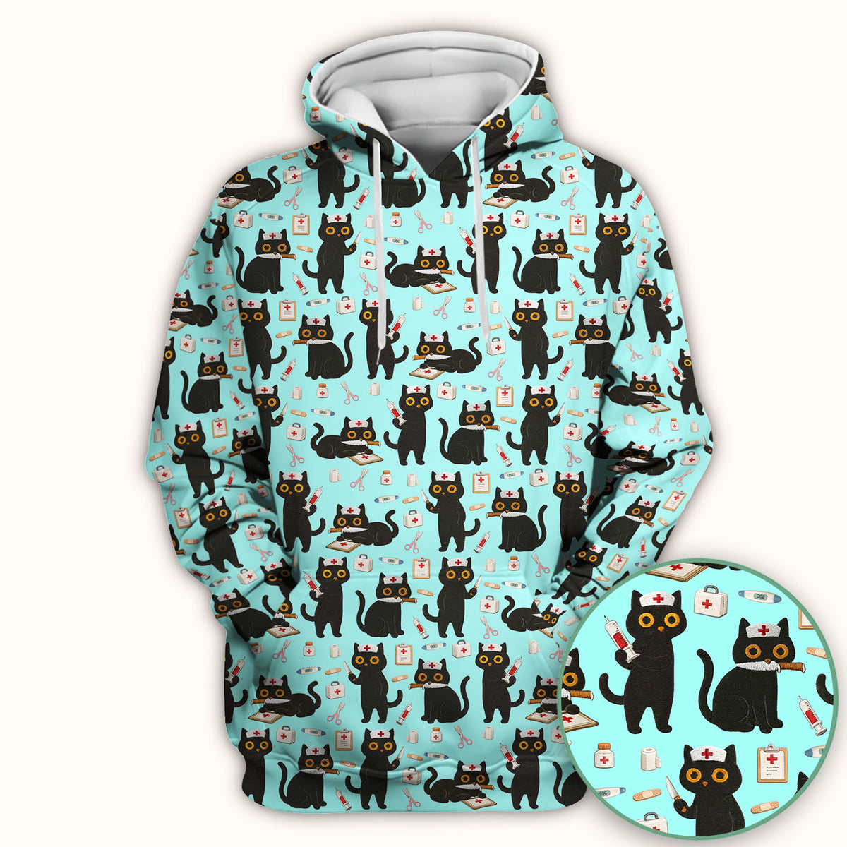 Cute Black Cat Nurse Pattern Scrub Top, Comfortable Scrubs for Nurses