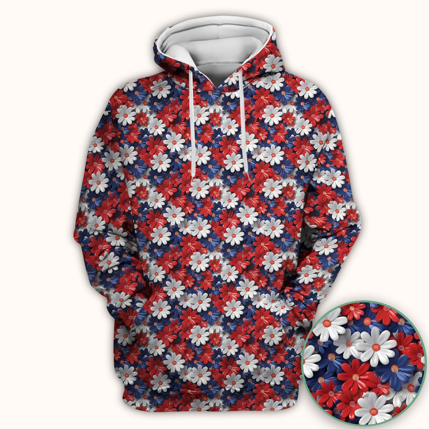 Festive Patriotic Daisy Bloom Pattern Scrub Top, Comfortable Scrubs for Nurses