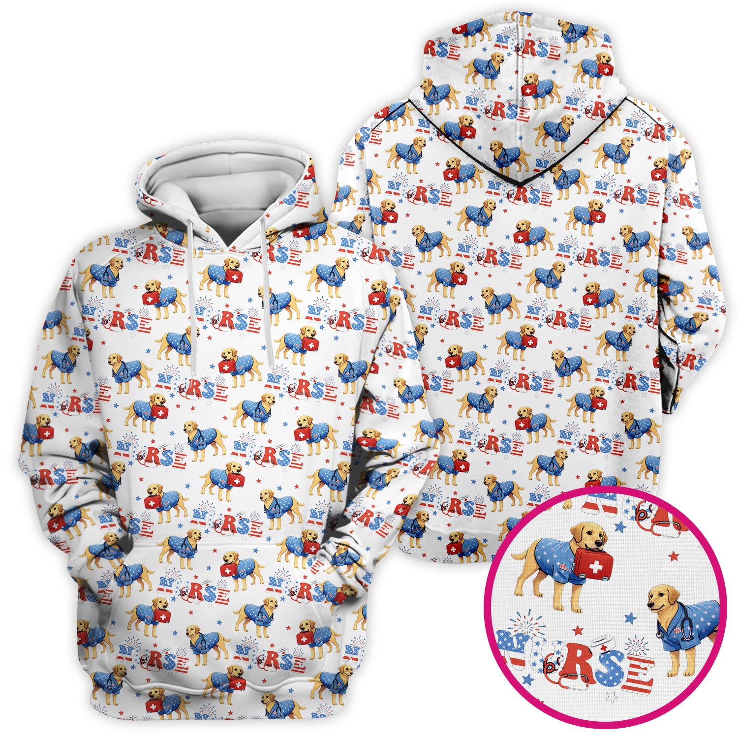 Patriotic Nurse Dog Medical Pattern Scrub Top, Breathable Fabrics Nursing Uniform