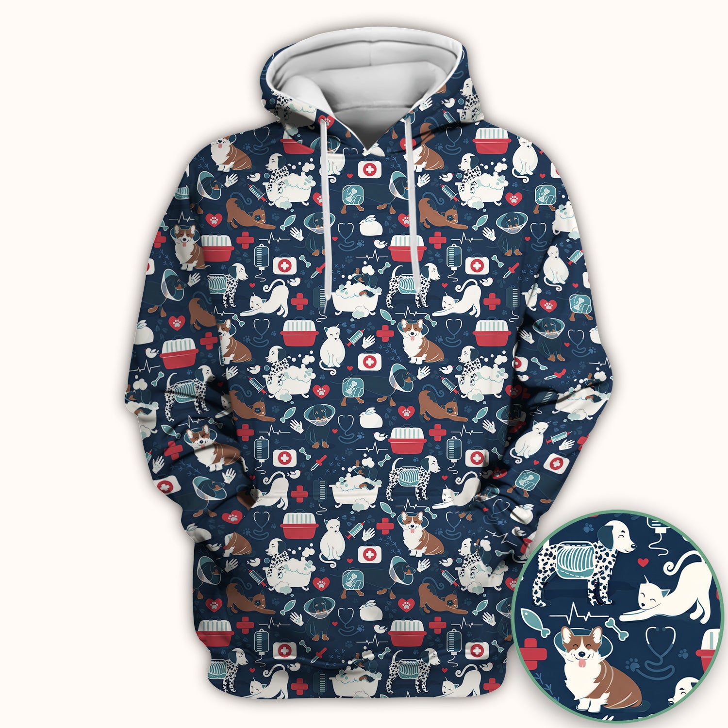 Dogs With Veterinary Tools And Paw Print Scrub Top, Breathable Fabrics Nursing Uniform