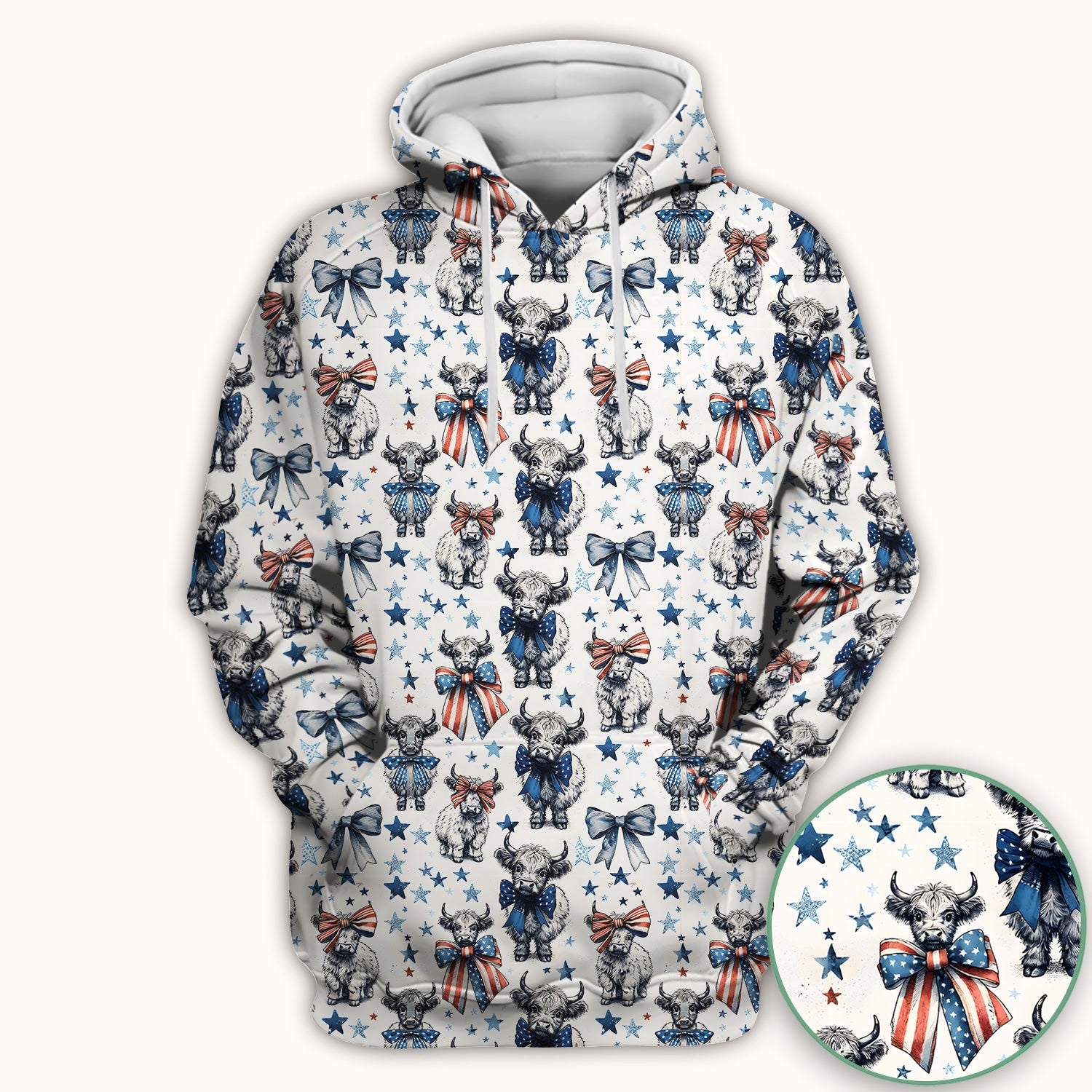 Patriotic Highland Cow Stars Pattern Scrub Top, Comfortable Scrubs for Nurses