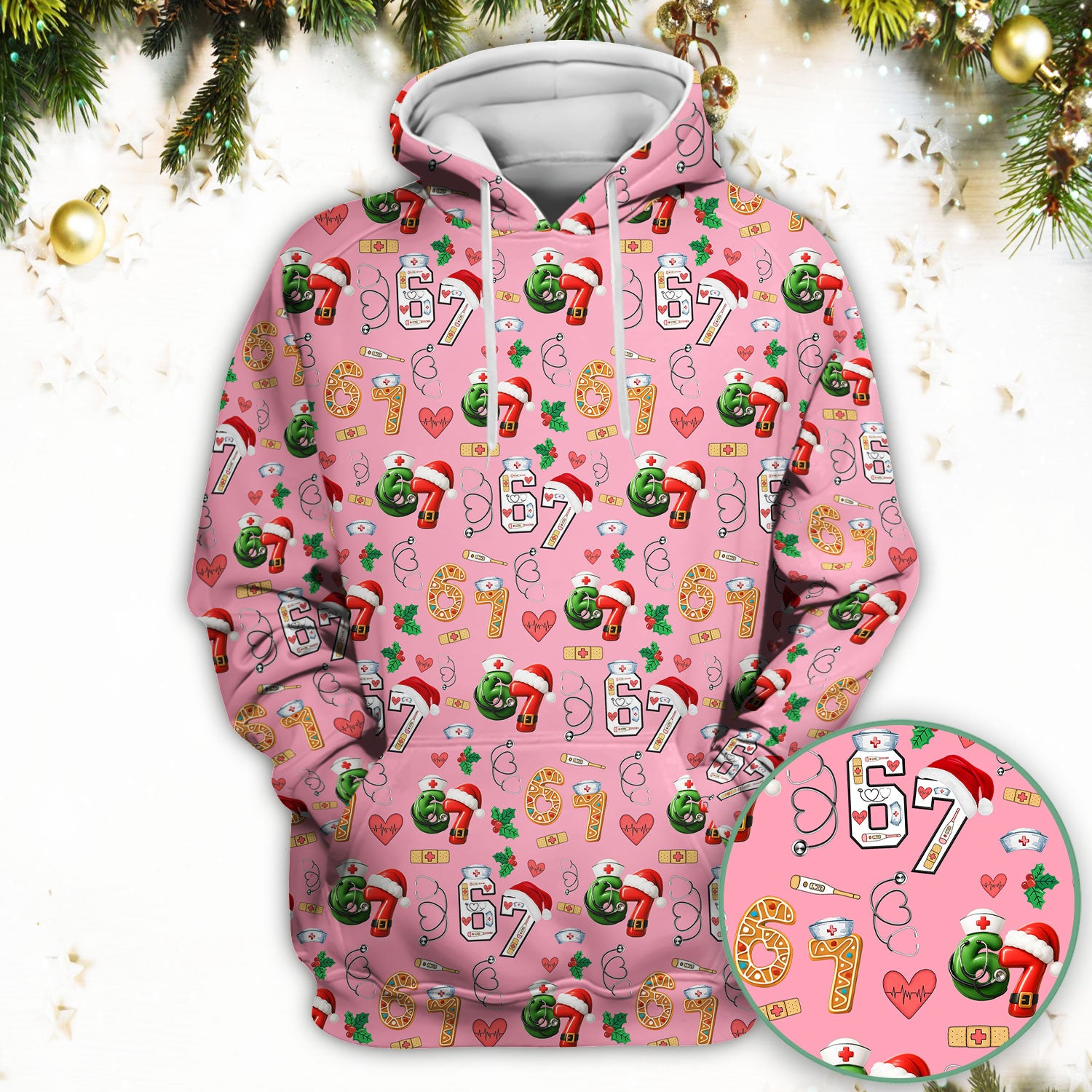 Christmas Nurse 67 Pattern Scrub Top, Cute Holiday Medical Shirt With Santa Hat, Uniform For Nursing