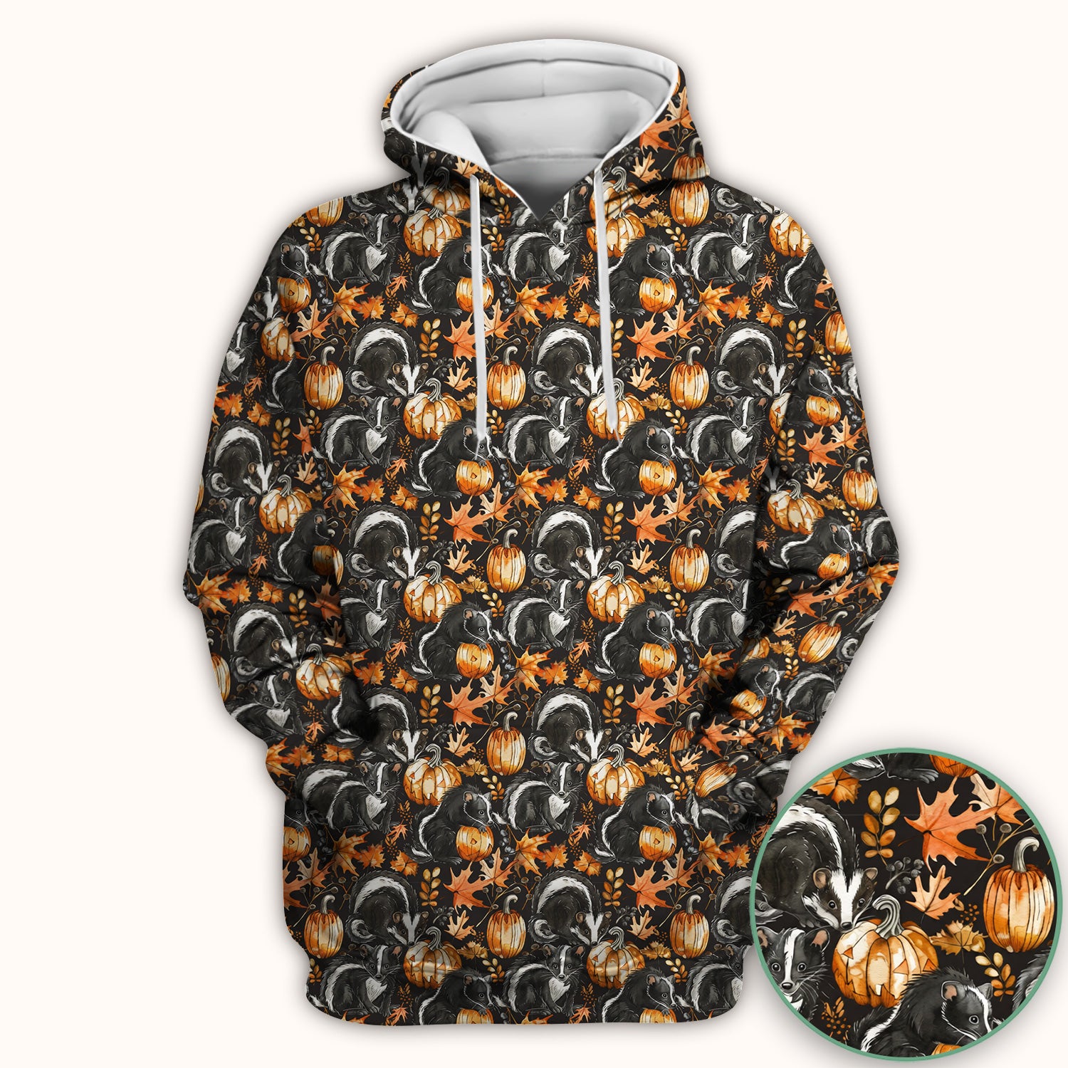 Skunk Pumpkin with Autumn Leaves Pattern Scrub Top, Comfortable Scrubs for Nurses