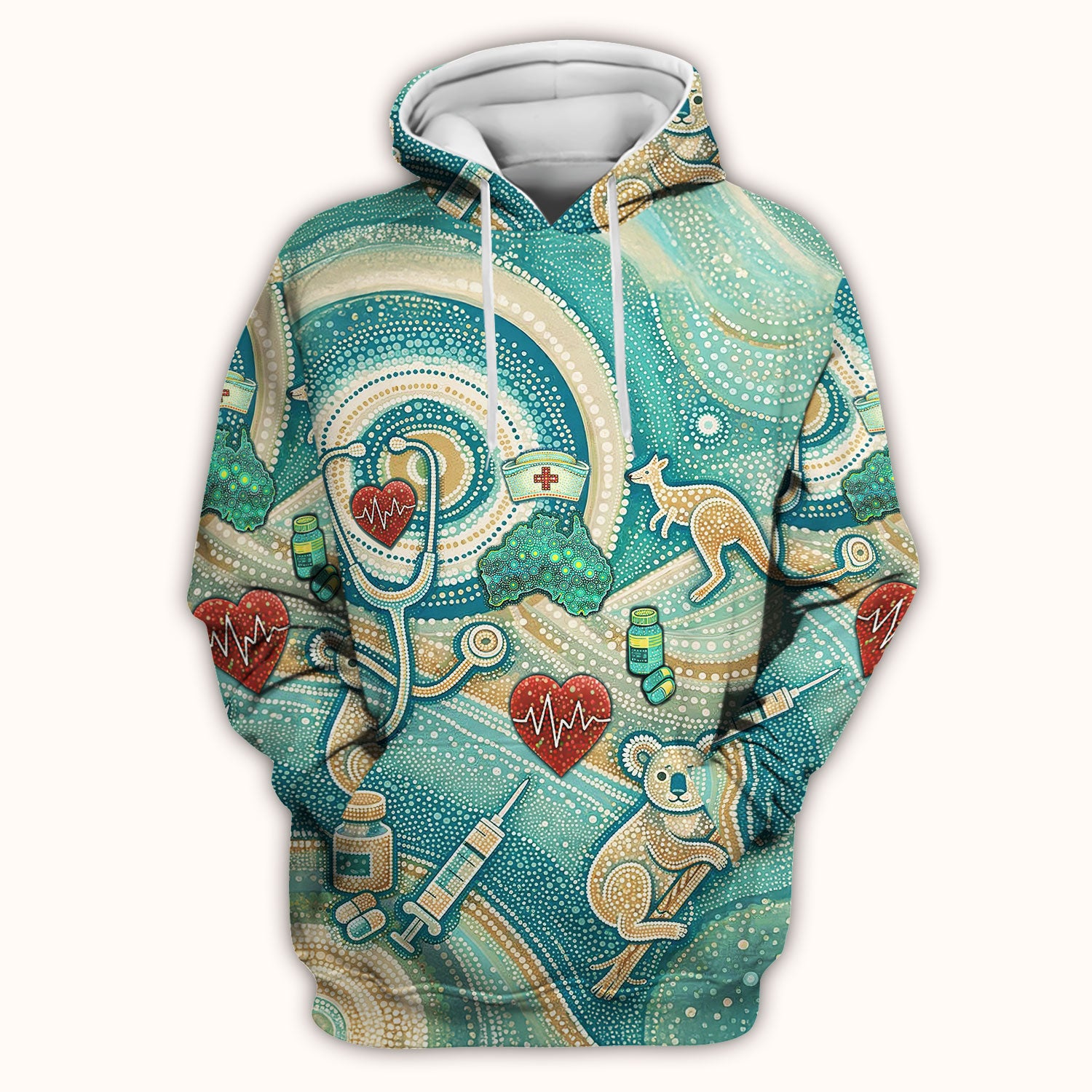 Australian Wildlife Dot Art Inspired Medical Scrub Top - Aussie Women V-Neck Shirt